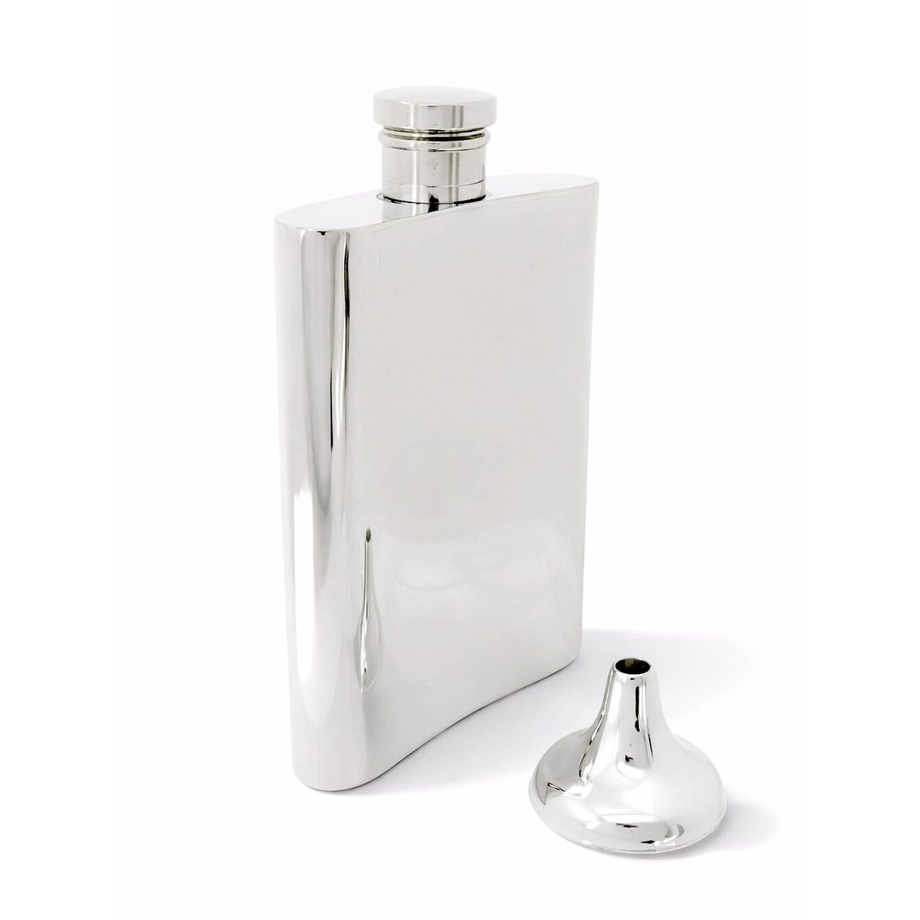 Cunill Classic polished 4oz Flask w-funnel-Handmade in the USA, pewter flask, on a white background