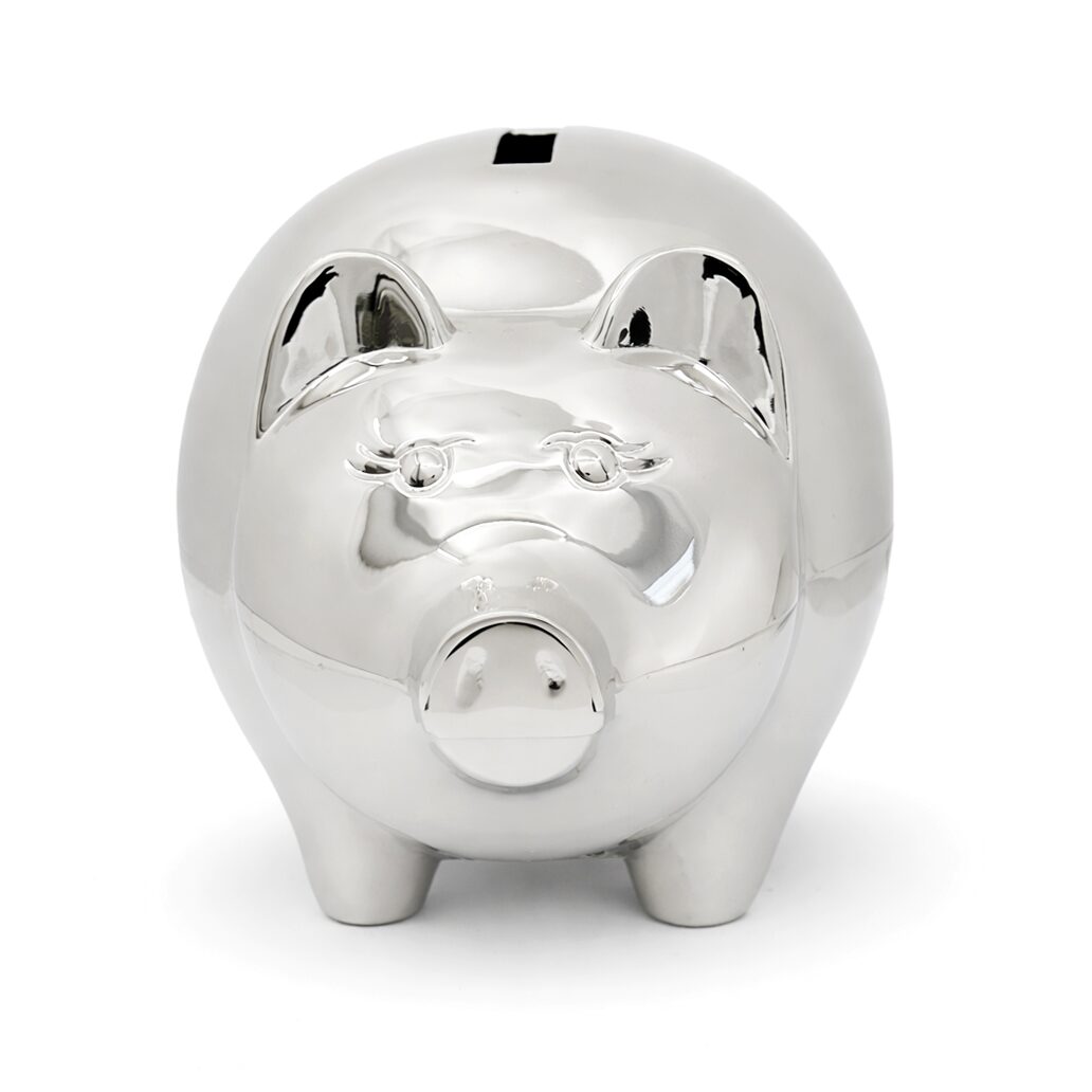 Cunill Classic Silverplated Piggy Bank - Non Tarnish, silver plated piggy bank, on a white background