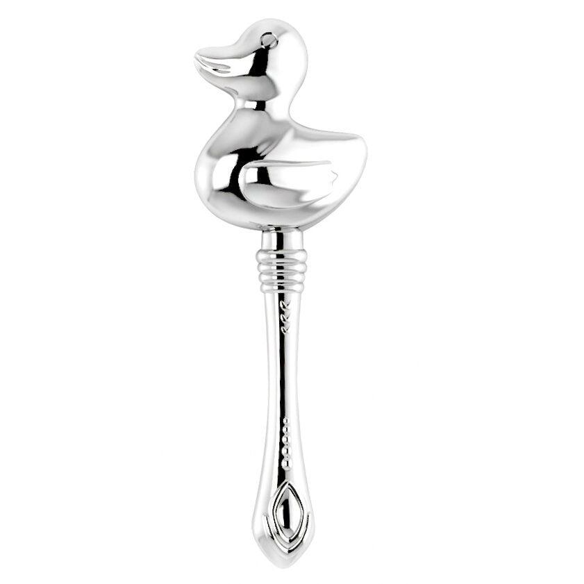 Cunill Duck Sterling Silver Baby Rattle, sterling silver baby rattle, on a white background