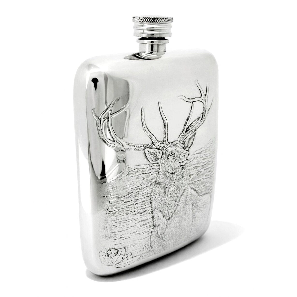 Cunill Embossed Stag 6oz Hip Flask-Handmade in the UK, pewter flask, on a white background