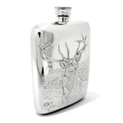 Cunill Embossed Stag 6oz Hip Flask-Handmade in the UK, pewter flask, on a white background