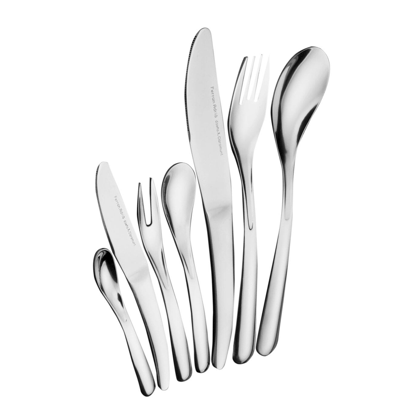 Cunill FERRAN ADRIA Stainless Steel 7 Piece Flatware Set, stainless steel flatware set, on a white background