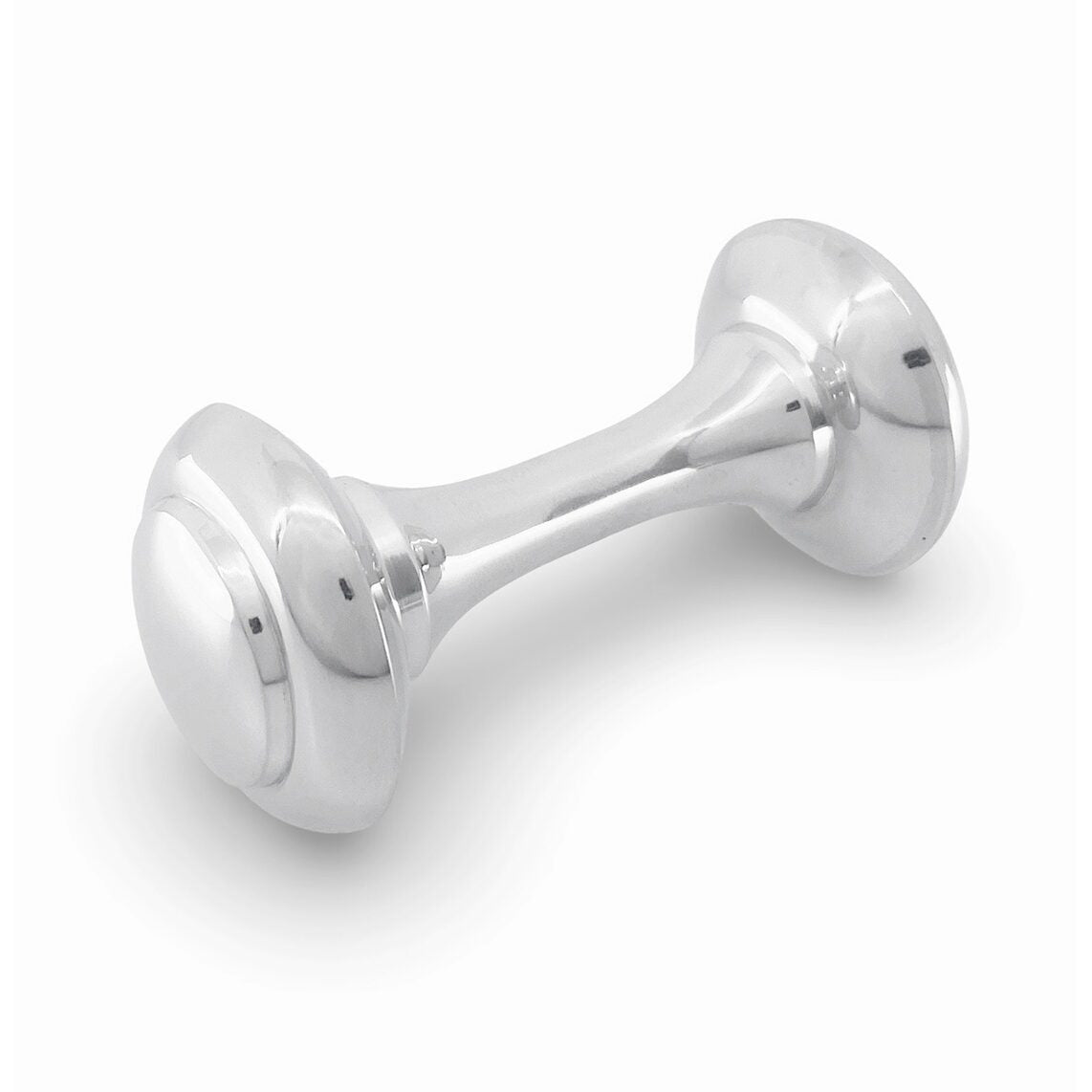 Cunill Pewter Barbell Baby Rattle, pewter baby rattle, on a white background