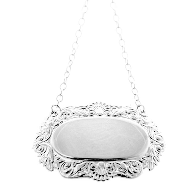Cunill Silverplated Decanter Label Engraved to Order, pewter barware, on a white background