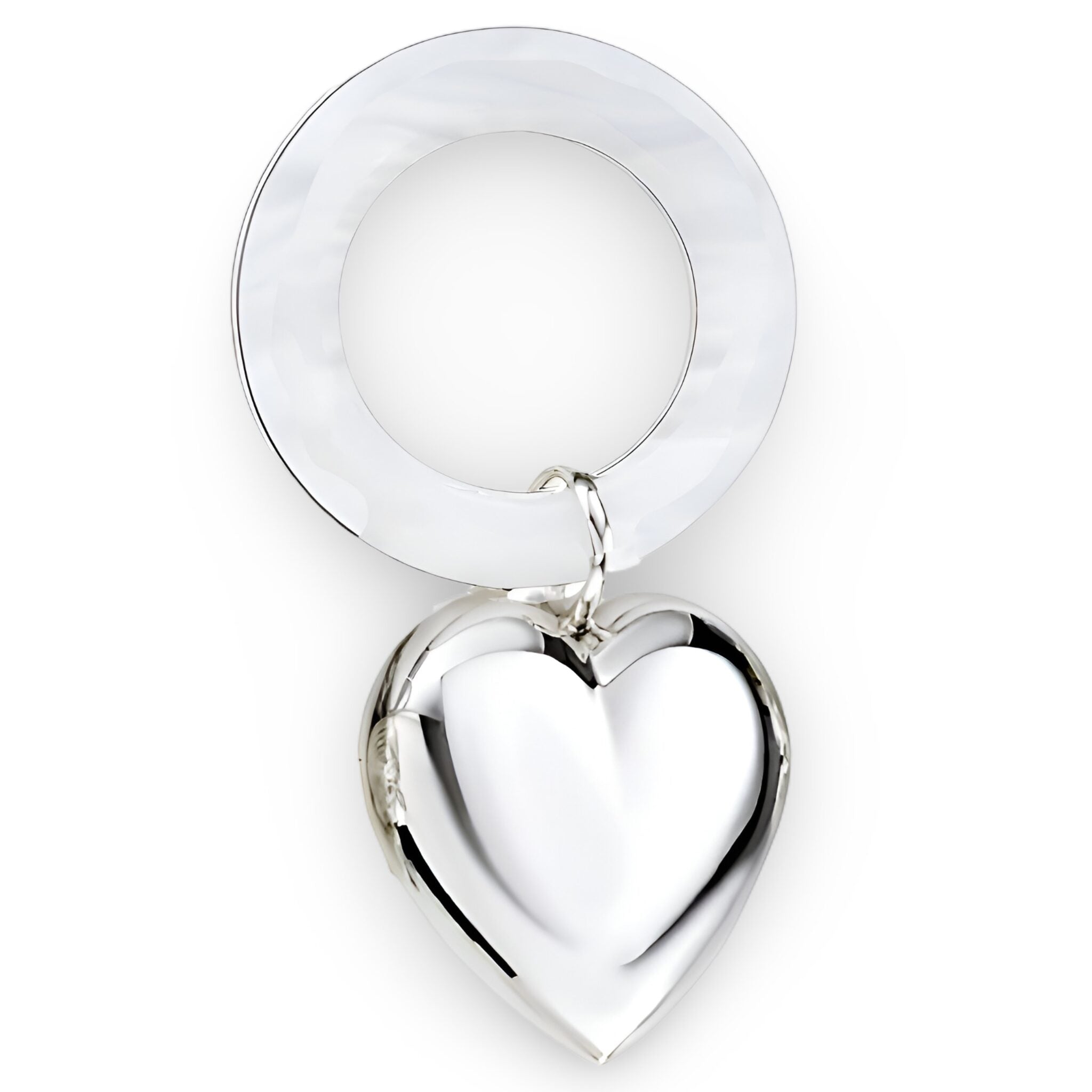 Cunill Sterling Silver Heart Rattle-Teething Ring, sterling silver baby rattle, on a white background
