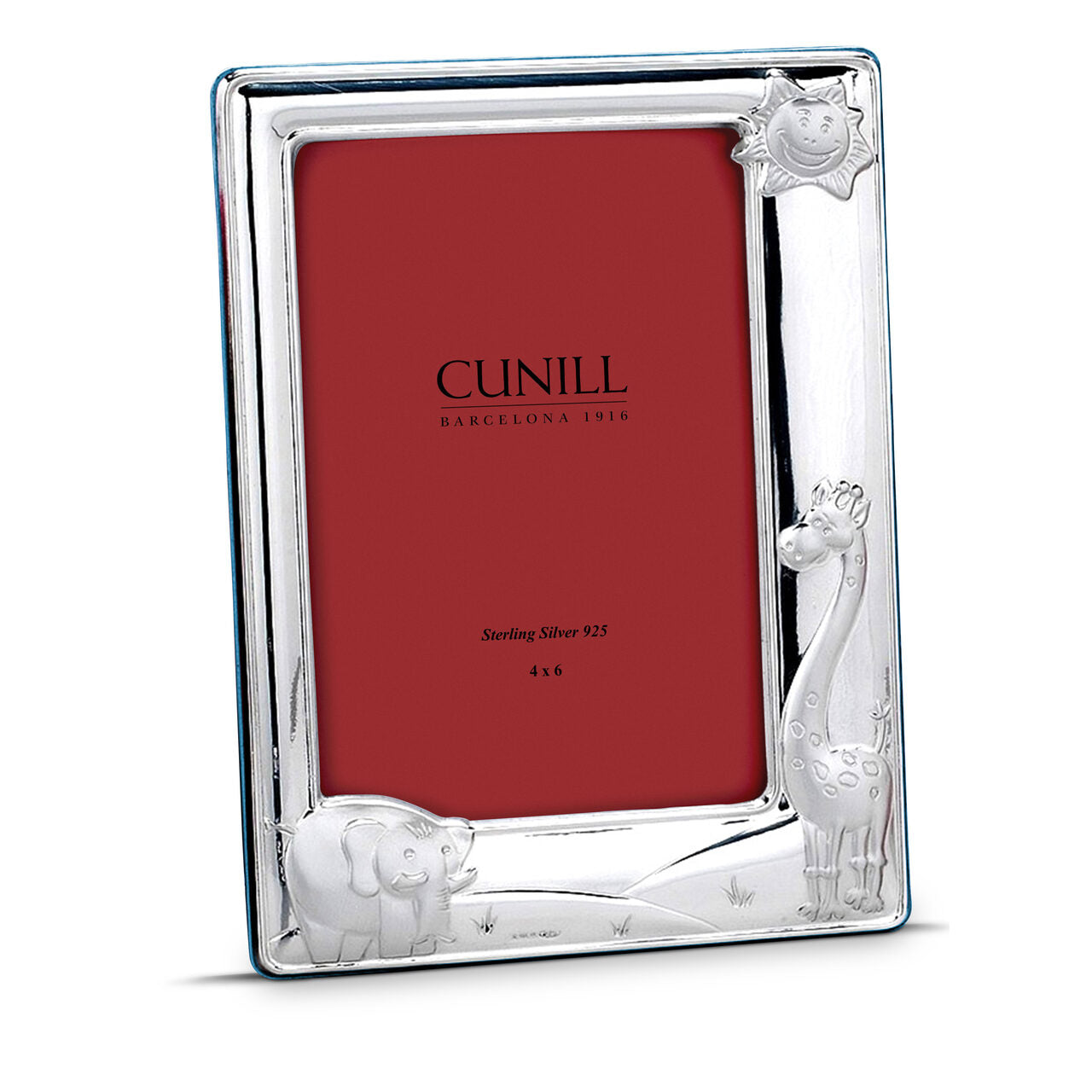 Cunill Sunny Zoo 4x6 Sterling Silver Picture Frame (Blue Back), sterling silver picture frame, on a white background