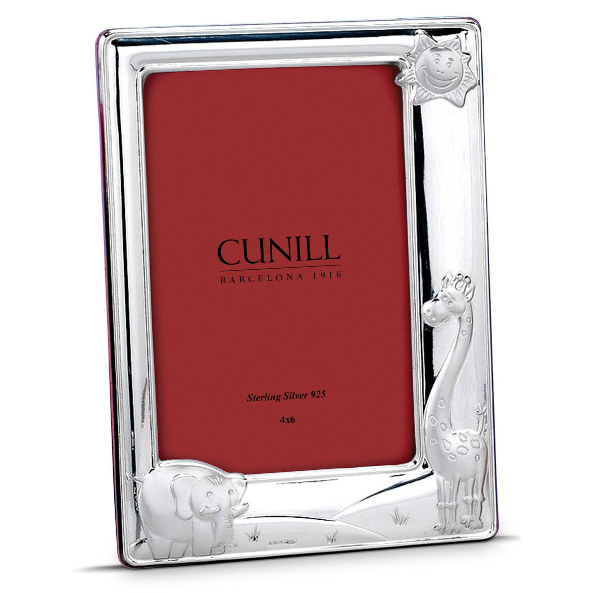 Cunill Sunny Zoo Sterling Silver 4x6 Picture Frame (Pink Back), sterling silver picture frame, on a white background