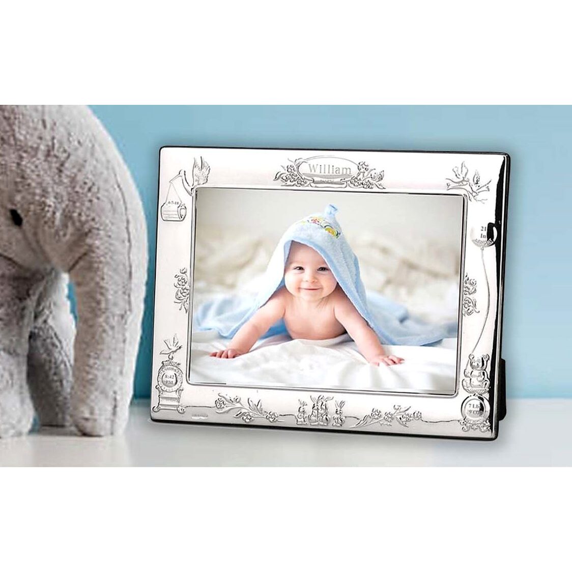 Cunill Teddy & Stork Sterling Silver 4x6 Birth Record Picture Frame — additional view