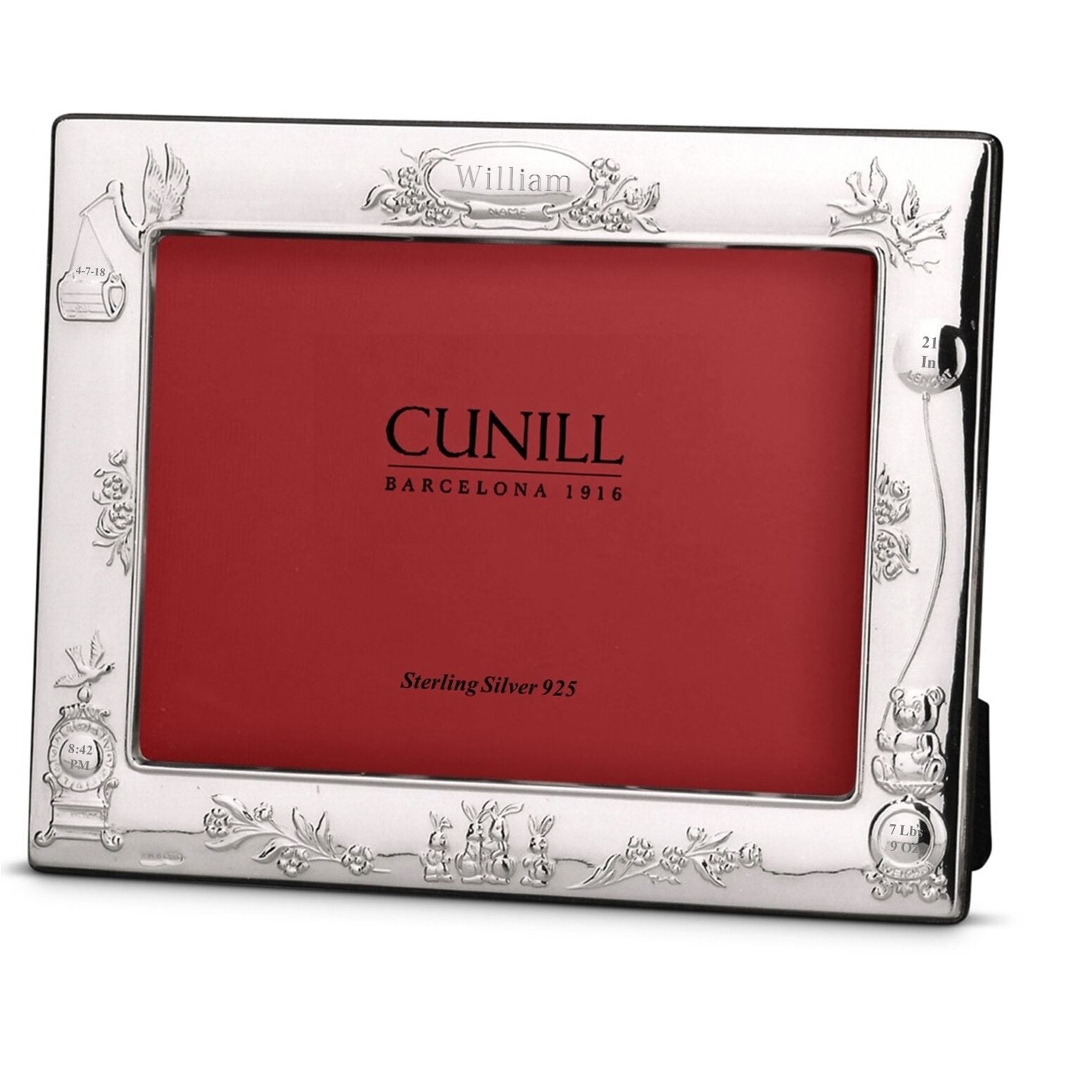 Cunill Teddy & Stork Sterling Silver 4x6 Birth Record Picture Frame, sterling silver picture frame, on a white background