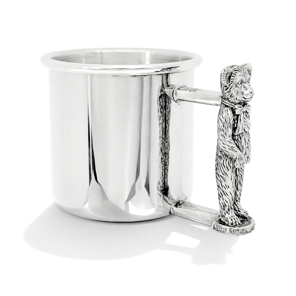 Cunill Teddy Bear Handle Polished Pure Pewter Baby Cup - Handmade in the USA, pewter baby cup, on a white background
