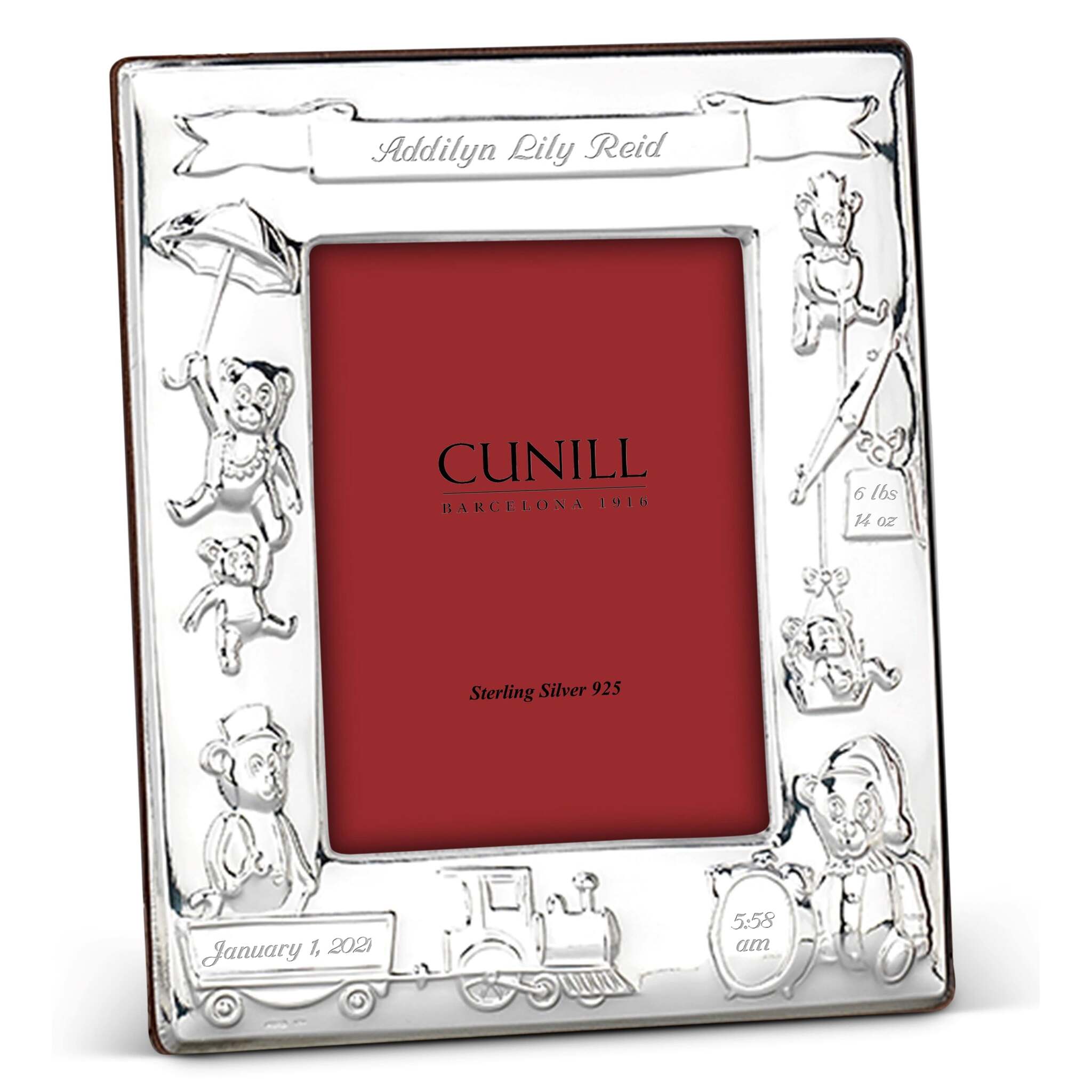 Cunill Teddy Train Sterling Silver 3x5 Birth Record Frame, sterling silver picture frame, on a white background