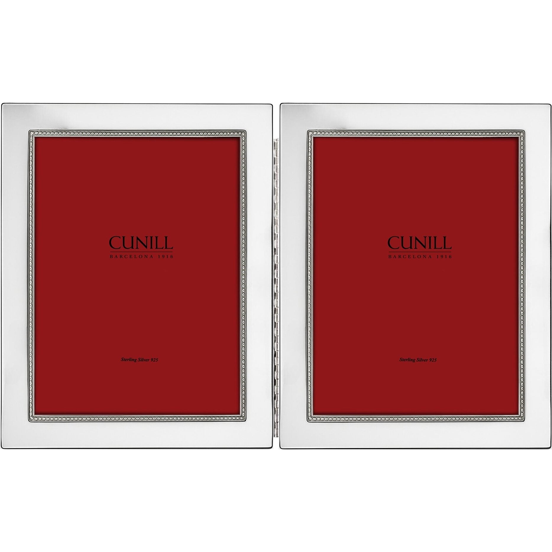 Cunill Tiffany Bead Non-Tarnish Sterling Silver Double 5x7 Folding Frame, sterling silver picture frame, on a white background