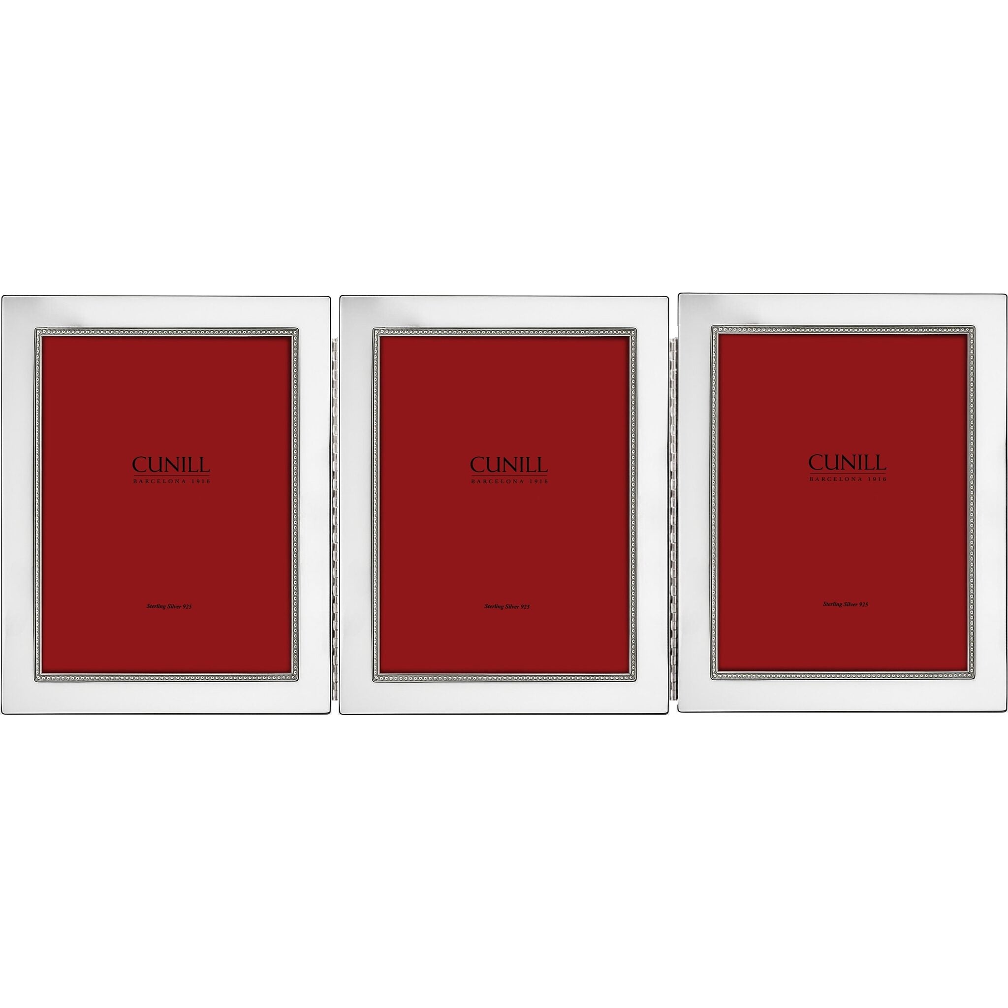 Cunill Tiffany Bead Non-Tarnish Sterling Silver Triple 5x7 Folding Frame, sterling silver picture frame, on a white background