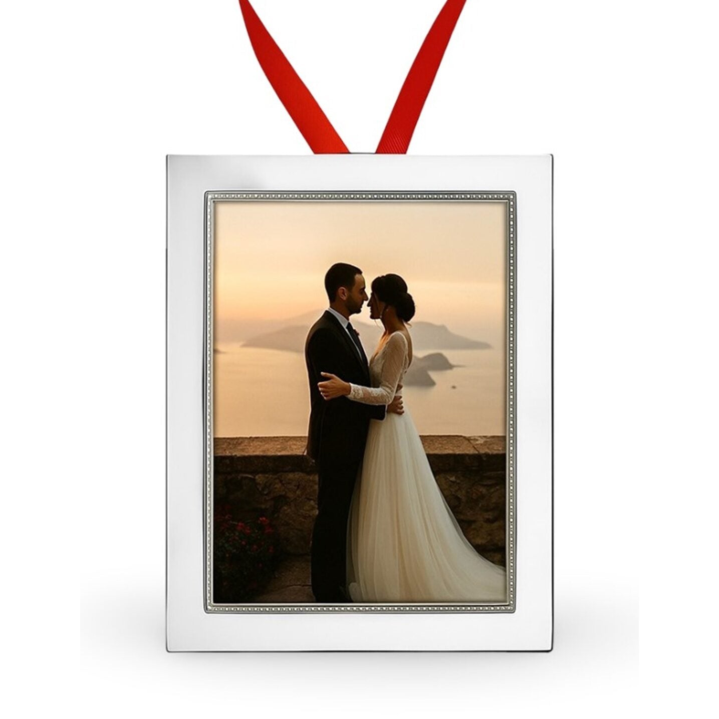 Cunill Tiffany Bead Sterling Silver 2.5x3.5" Ornament Frame, sterling silver picture frame, on a white background