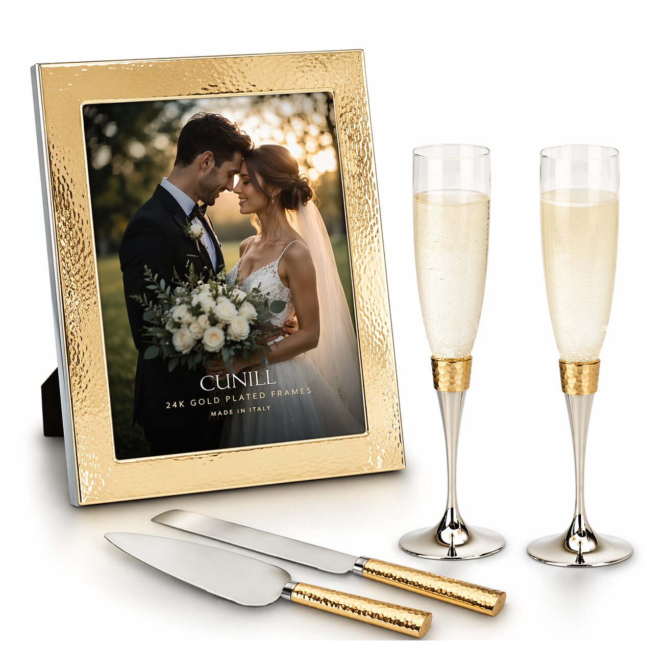 Cunill Wedding Day Hammered Gold 3pc Gift Set, 24k gold plated picture frame, on a white background