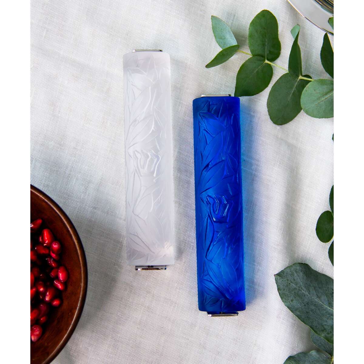 Daum Olive Leaf Mezuzah Sculpture – Blue, alternate view