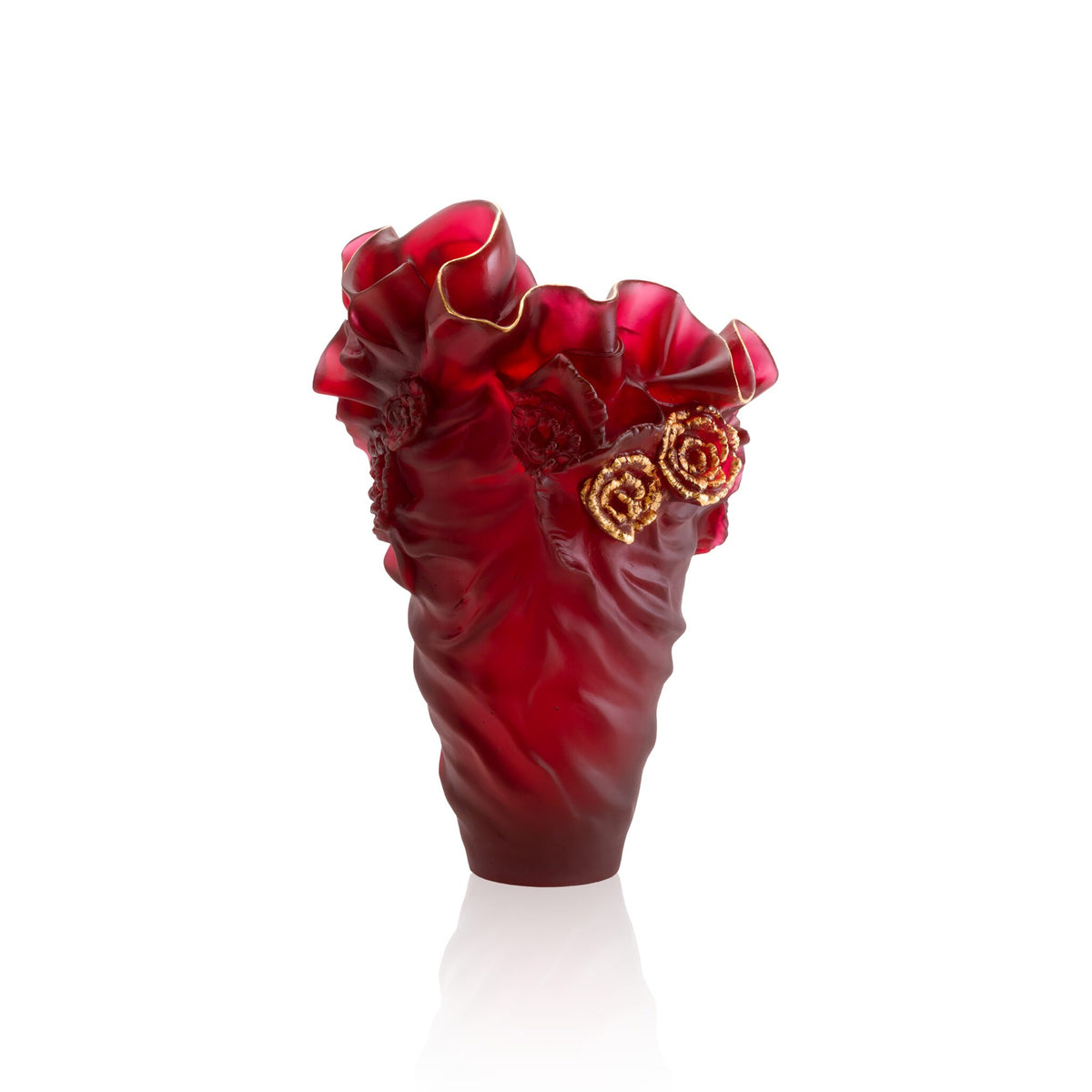 Daum Rose Royale Large Vase Red & Gold 50ex, handcrafted Daum crystal, front view