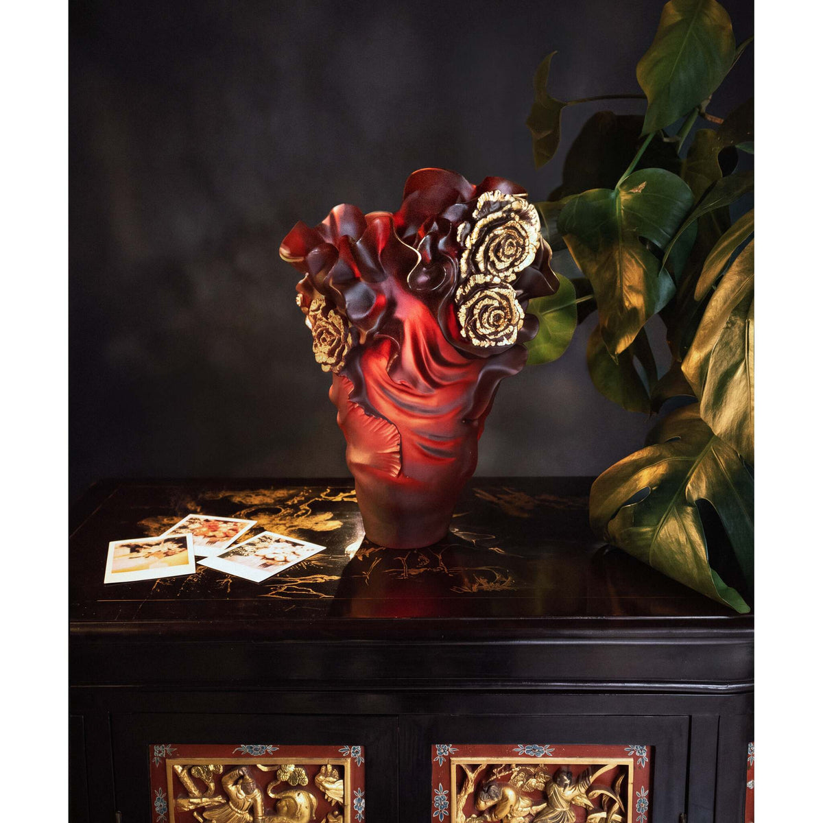 Daum Rose Royale Large Vase Red & Gold 50ex, Daum crystal, view 4