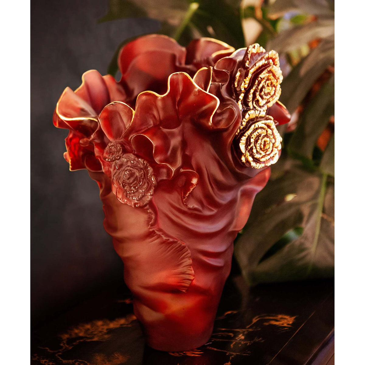 Daum Rose Royale Large Vase Red & Gold 50ex, Daum crystal, view 5