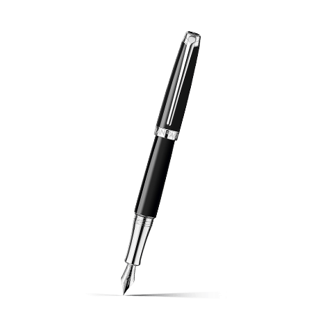 Caran d'Ache Léman Ebony Black Fountain Pen, Silver-Plated, Rhodium-Coated on a white background