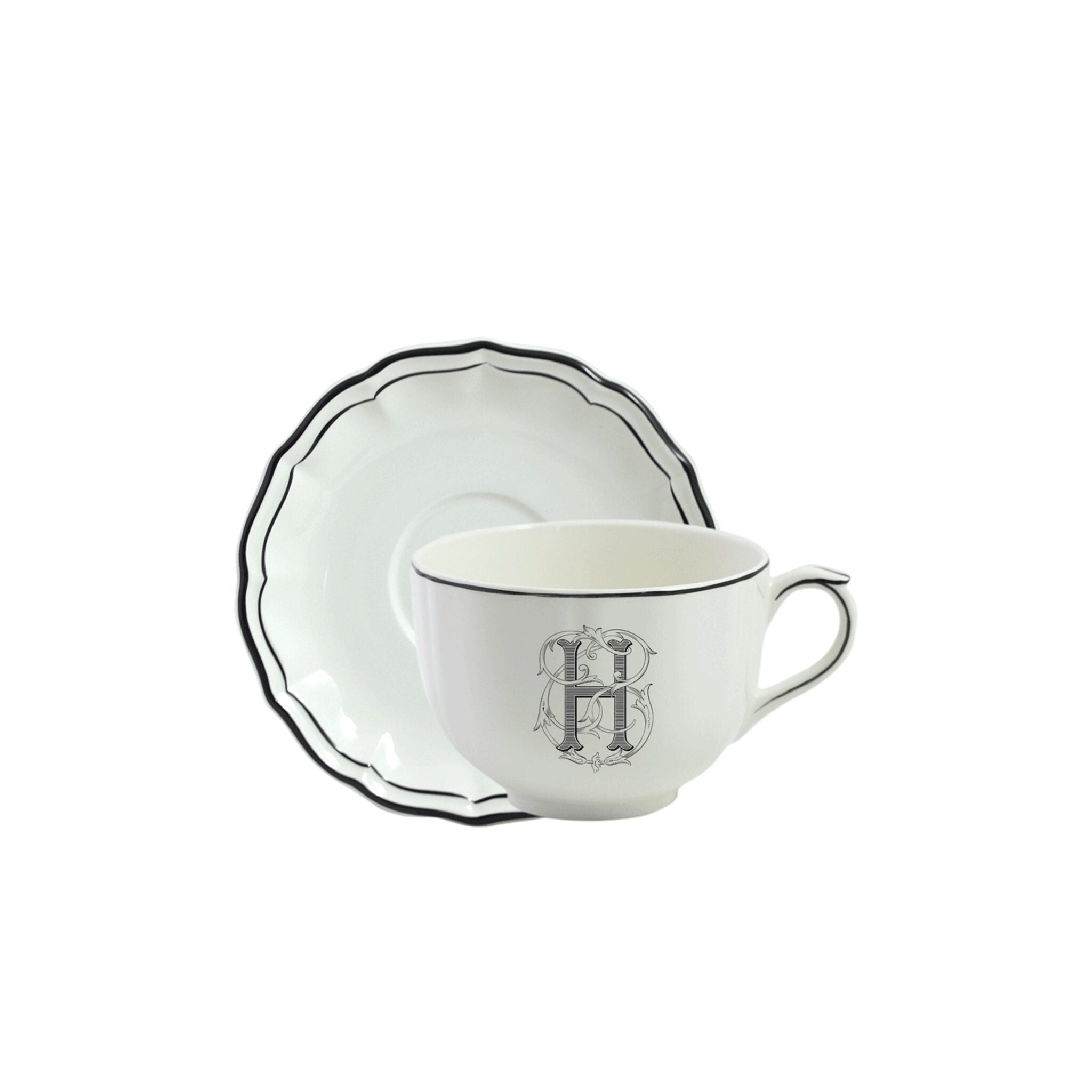 Gien Jumbo Cup & Saucer H - Filet Midnight Monogram Cup & Saucer Set