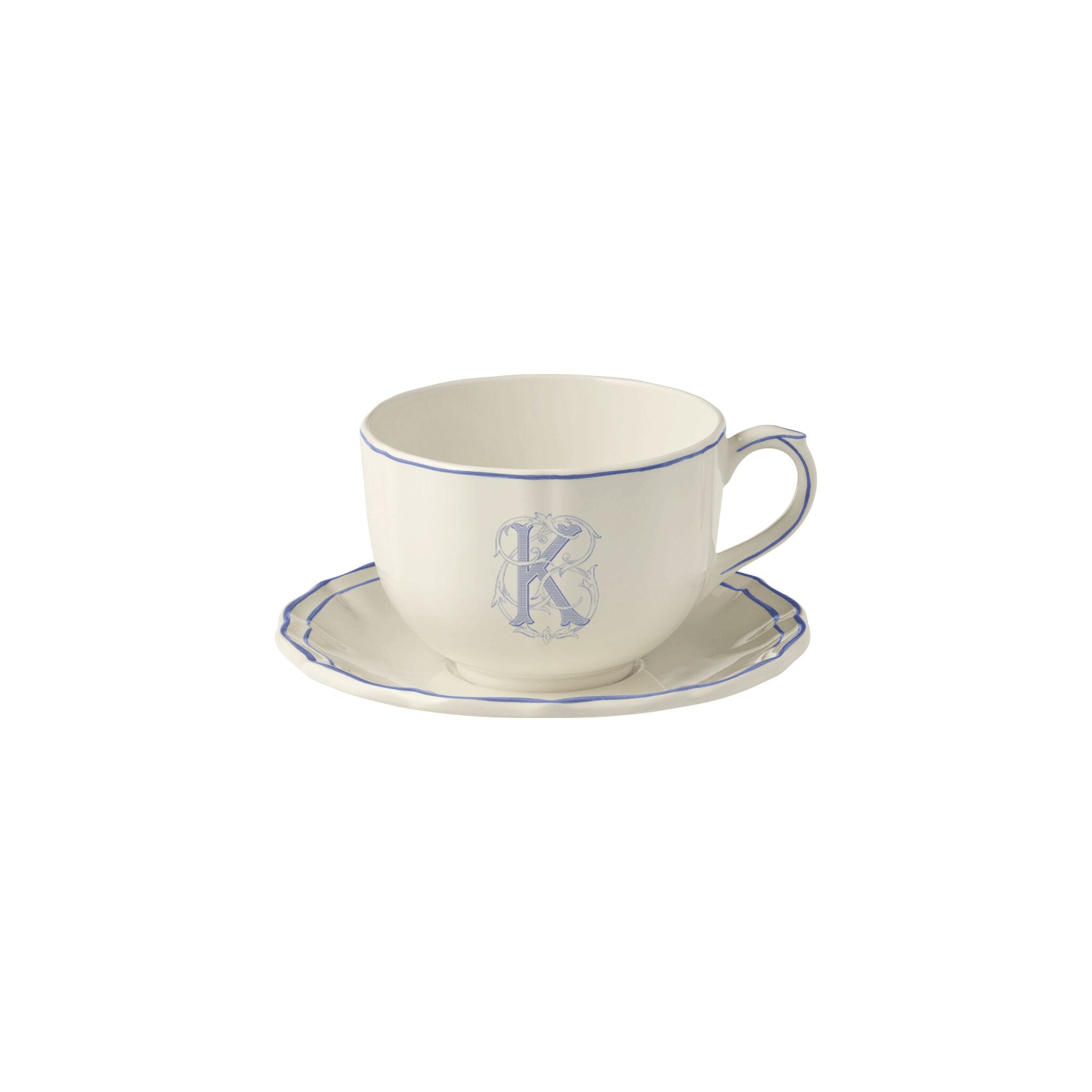 Gien Jumbo Cup & Saucer K - Filet Blue Monogram Cup & Saucer Set