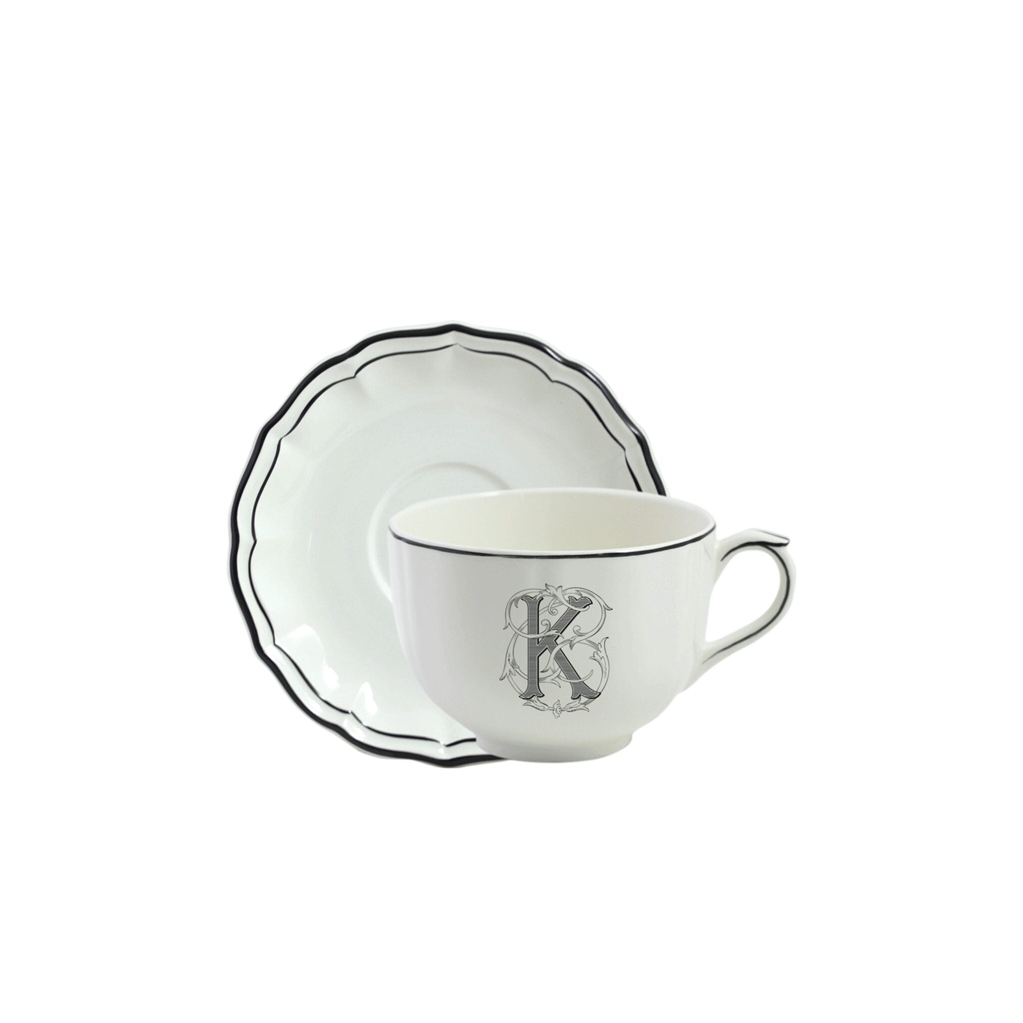 Gien Jumbo Cup & Saucer K - Filet Midnight Monogram Cup & Saucer Set