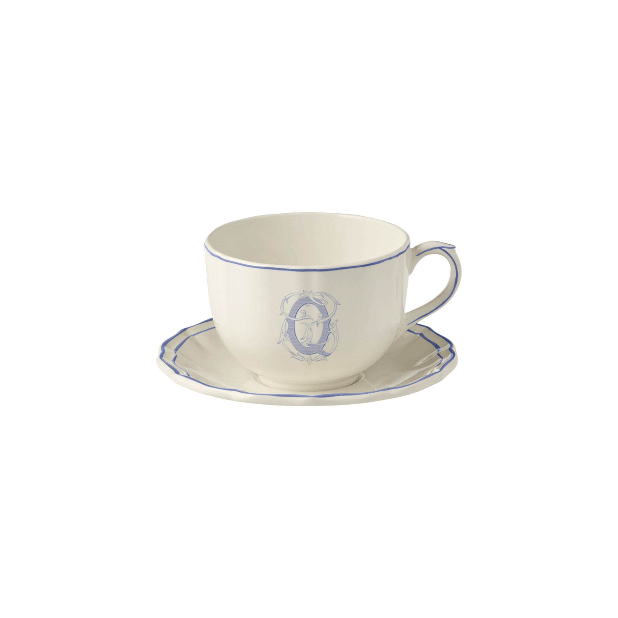 Gien Jumbo Cup & Saucer Q - Filet Blue Monogram Cup & Saucer Set