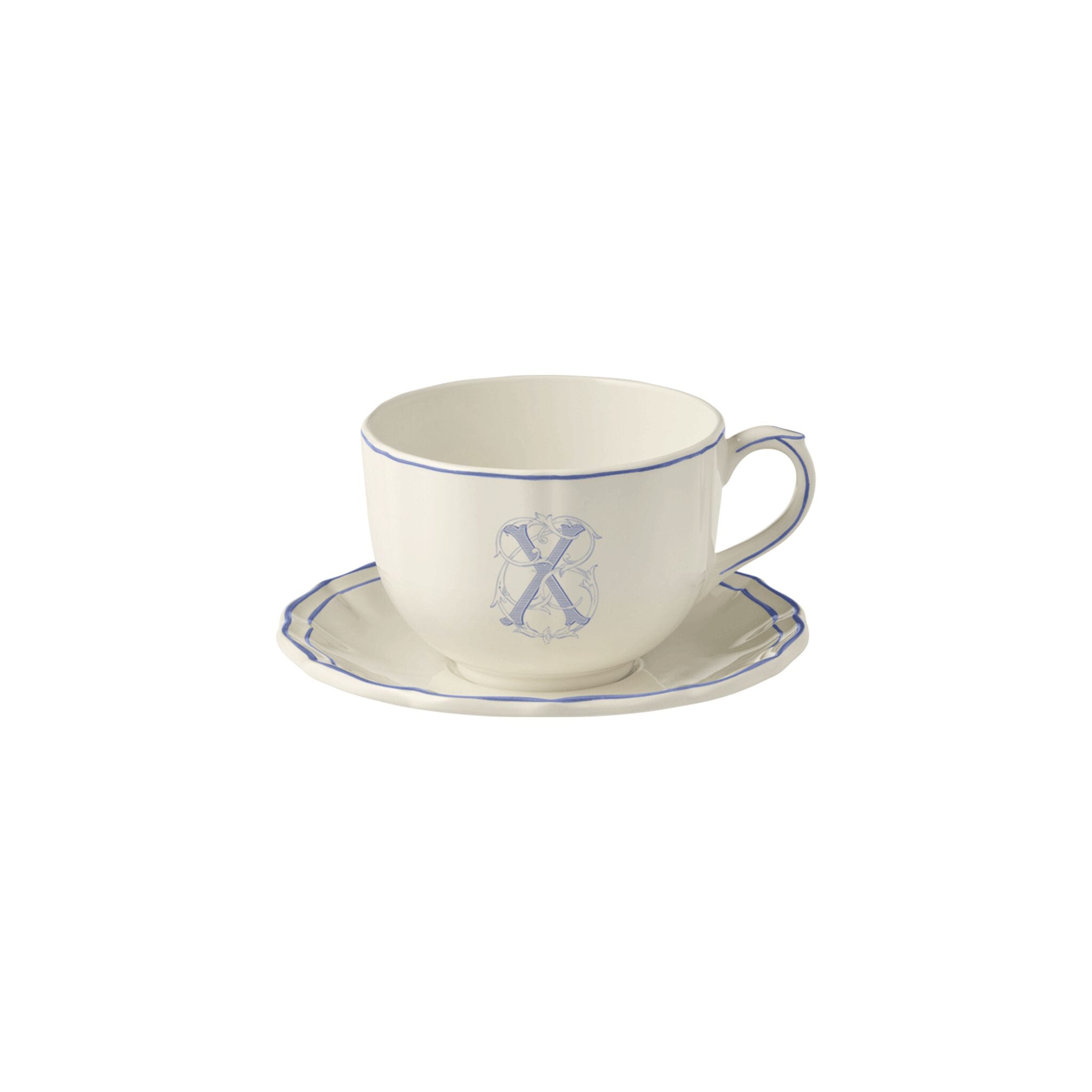 Gien Jumbo Cup & Saucer X - Filet Blue Monogram Cup & Saucer Set