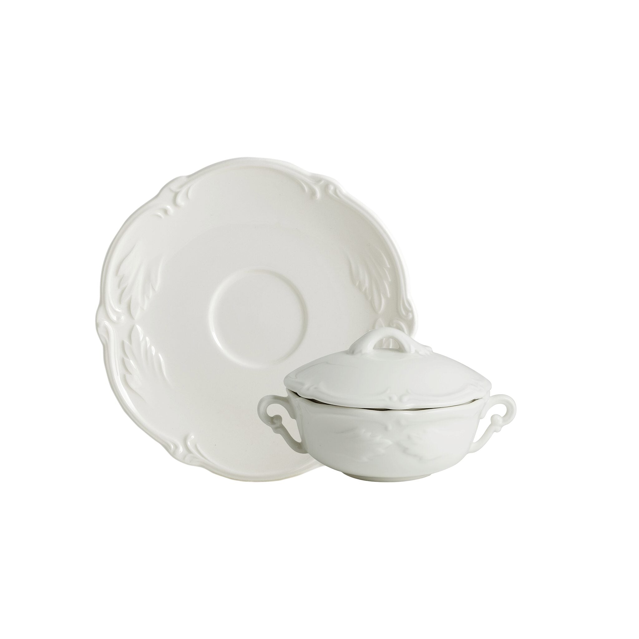 Gien Set of 2 Covered Bouillon Bowls with Lugs & Saucers - Rocaille White Bouillon Cup