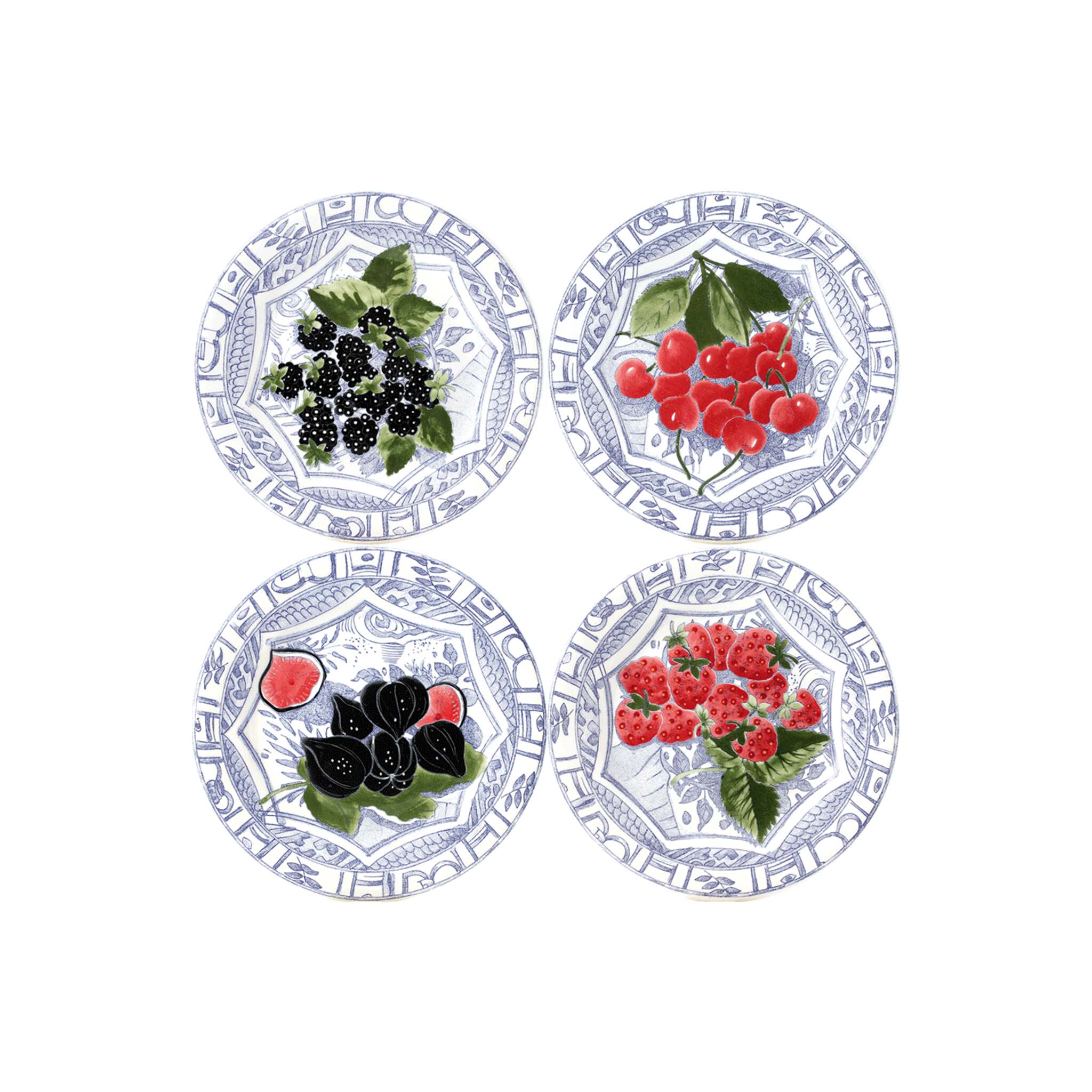 Gien Set of 4 Assorted Dessert Plates - Oiseau Bleu Fruits