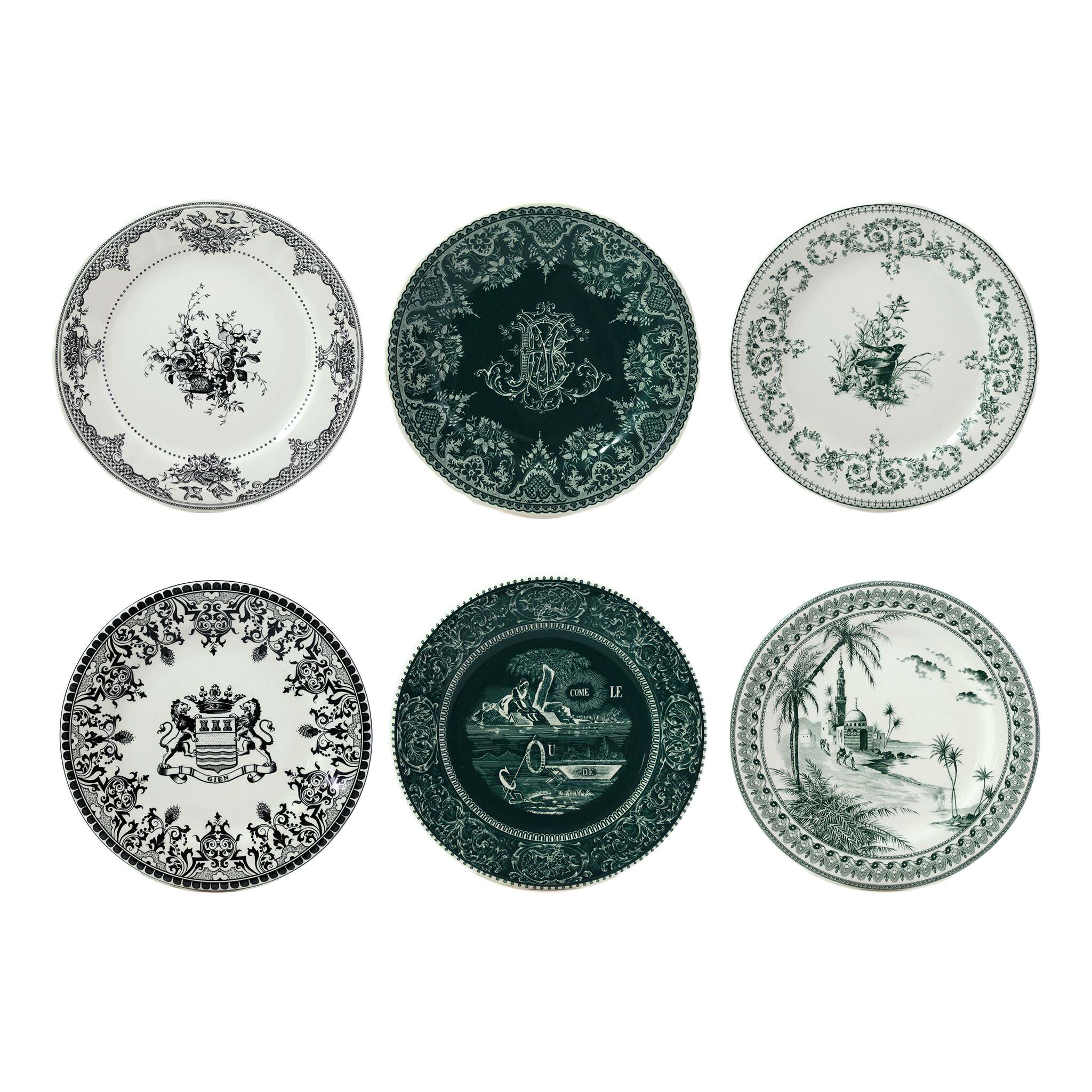 Gien Set of 6 Dessert Plates Assorted - Les Dépareillées Green