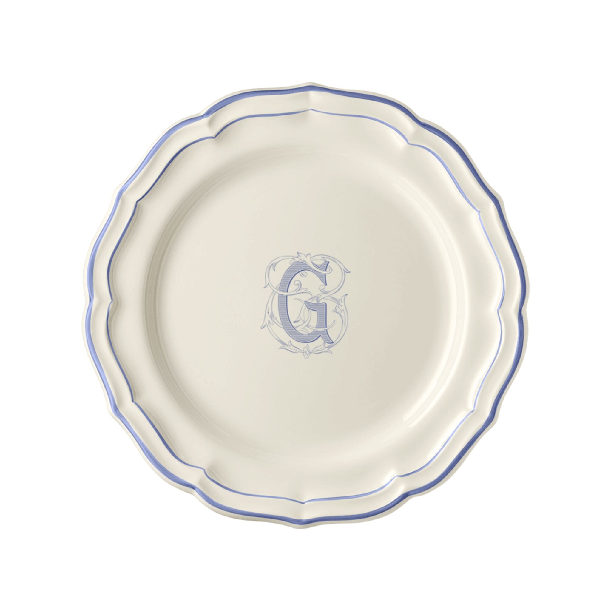 Gien Set of 6 Dinner Plates G - Filet Blue Monogram