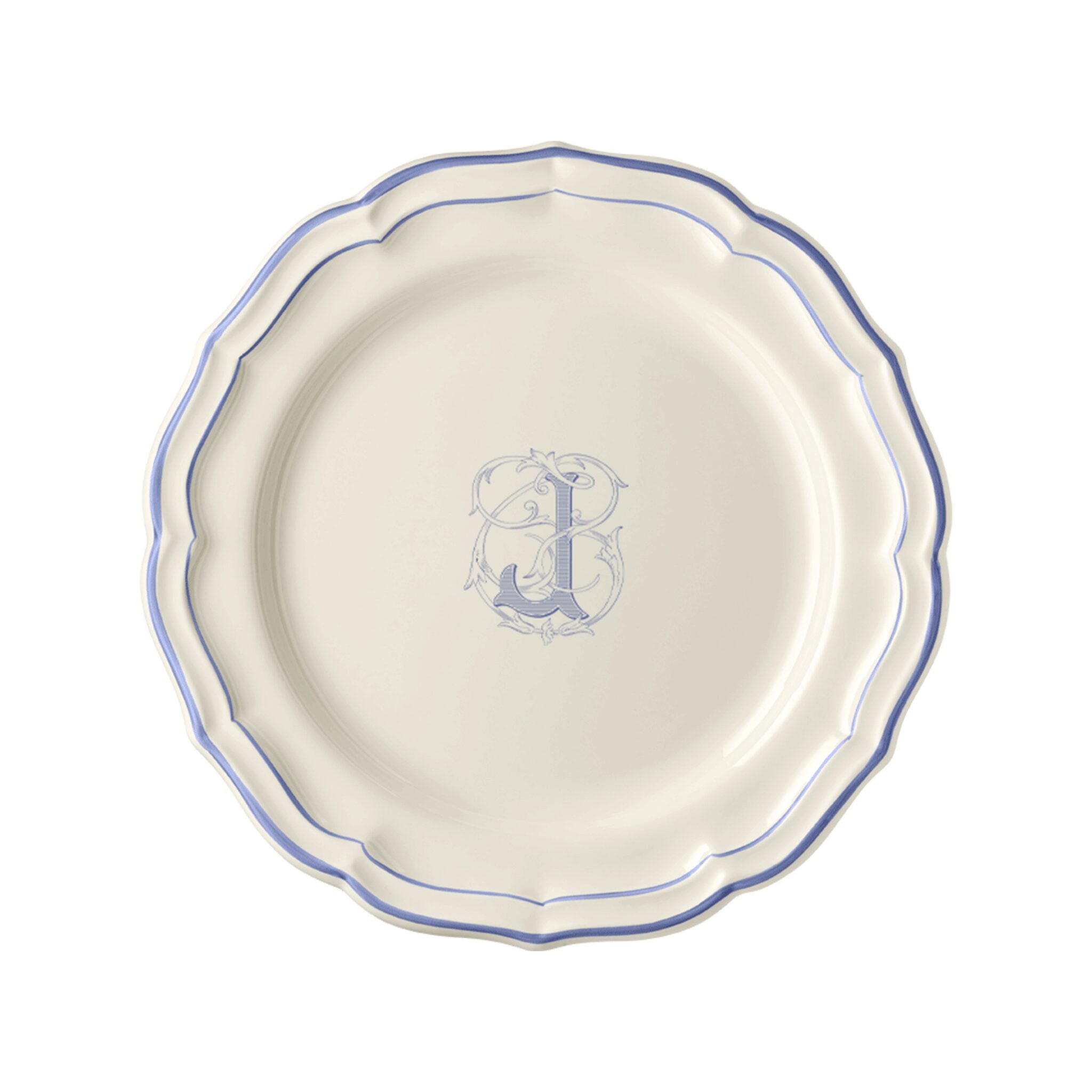 Gien Set of 6 Dinner Plates J - Filet Blue Monogram
