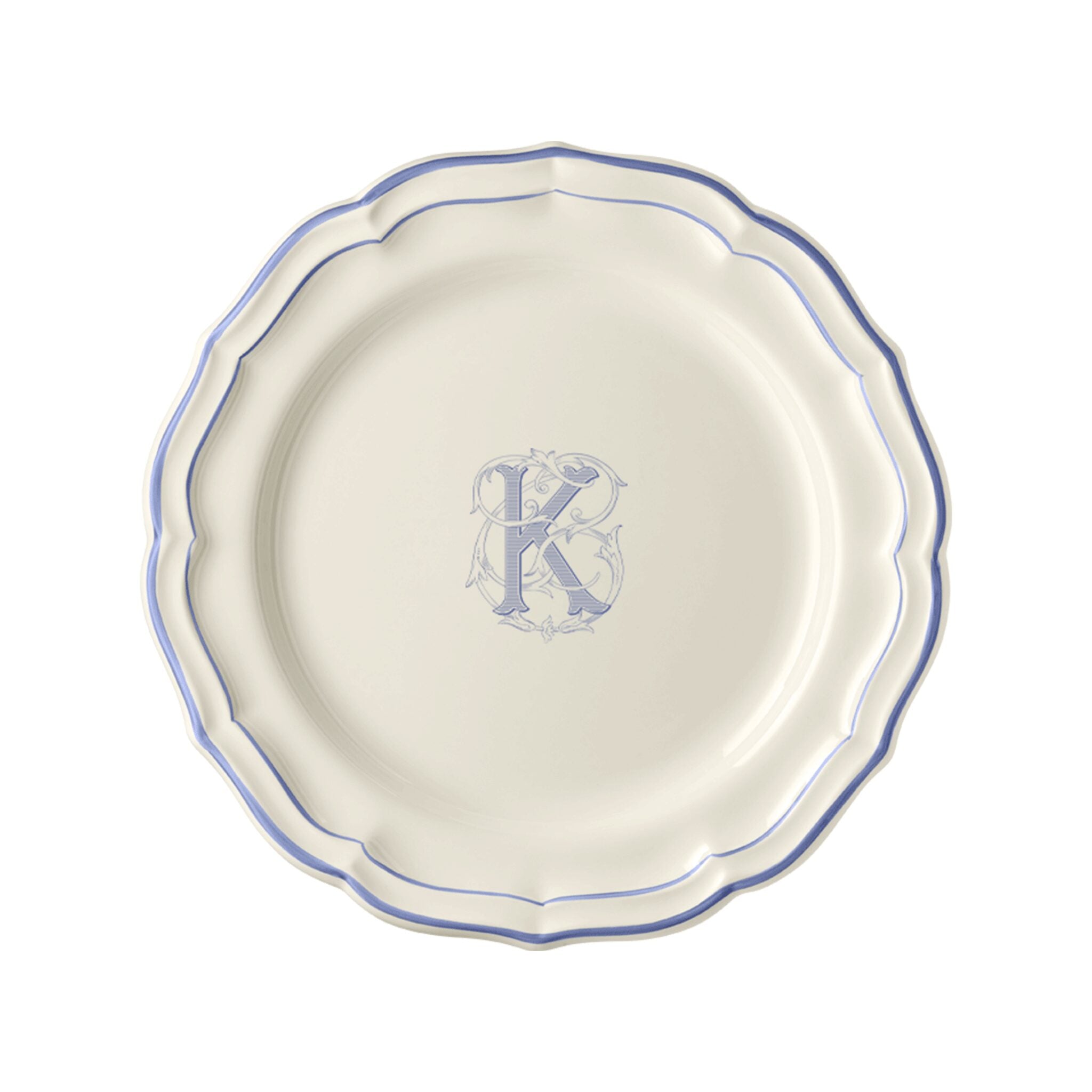Gien Set of 6 Dinner Plates K - Filet Blue Monogram