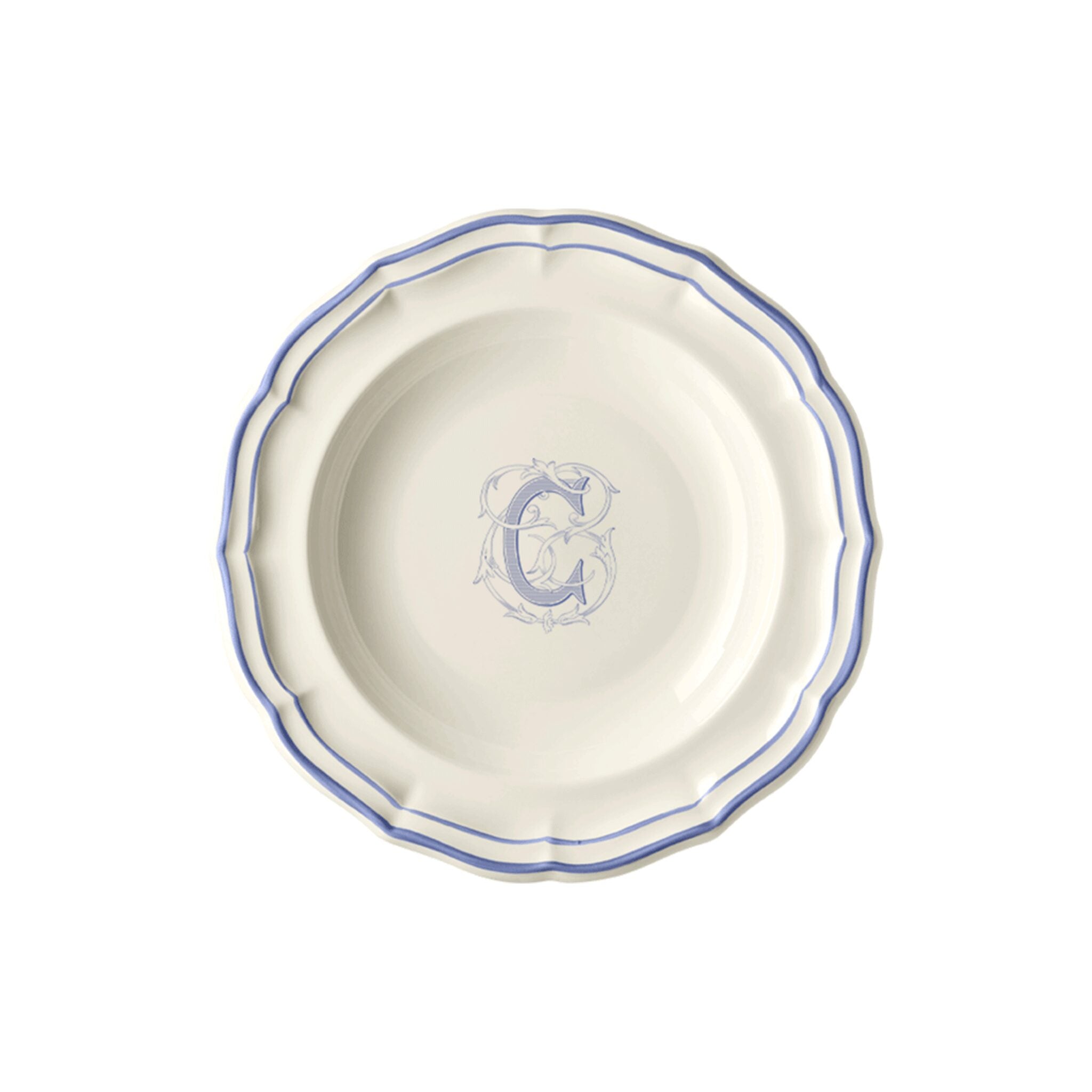 Gien Set of 6 Rim Soups C - Filet Blue Monogram Soup Plates & Rimmed Soup Bowl