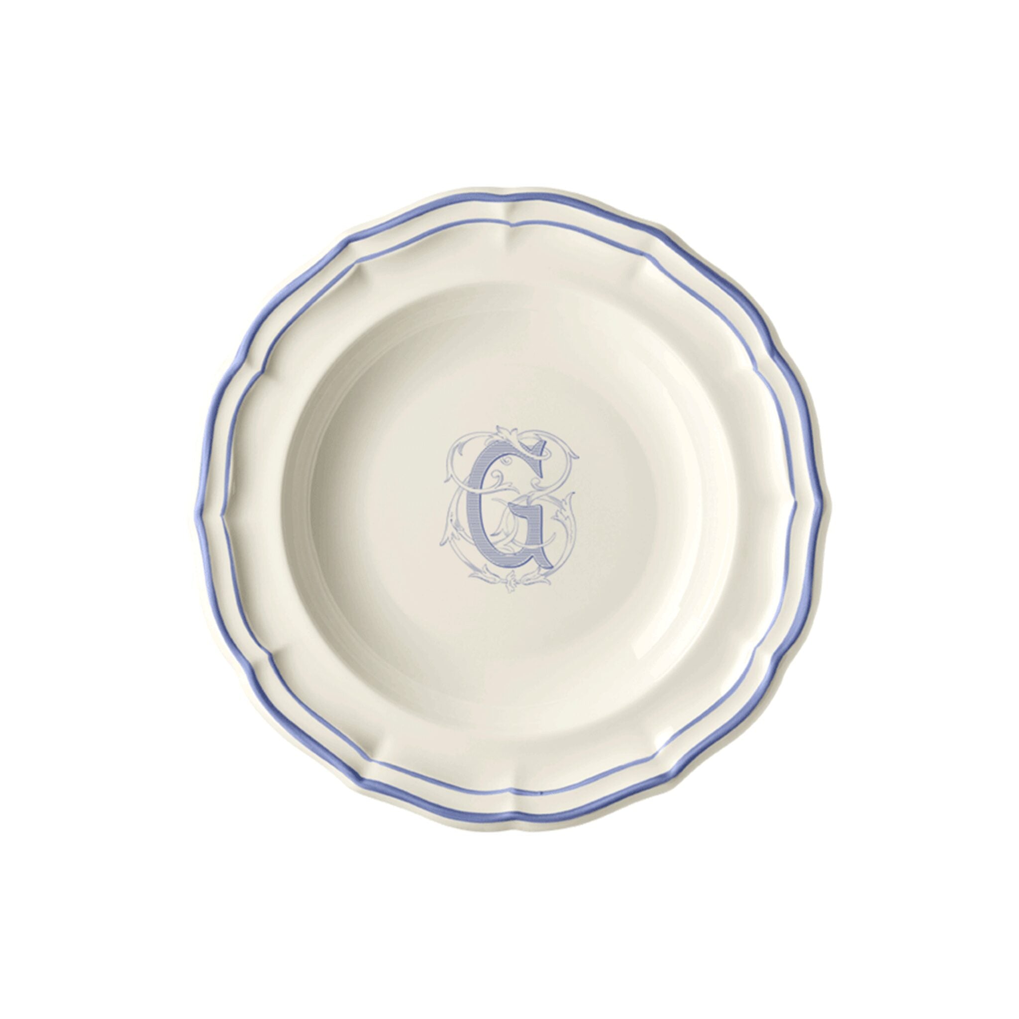 Gien Set of 6 Rim Soups G - Filet Blue Monogram Soup Plates & Rimmed Soup Bowl