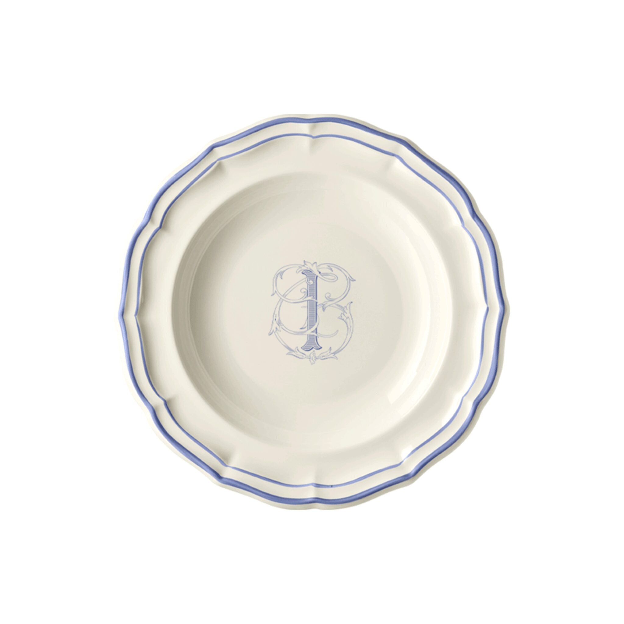 Gien Set of 6 Rim Soups I - Filet Blue Monogram Soup Plates & Rimmed Soup Bowl