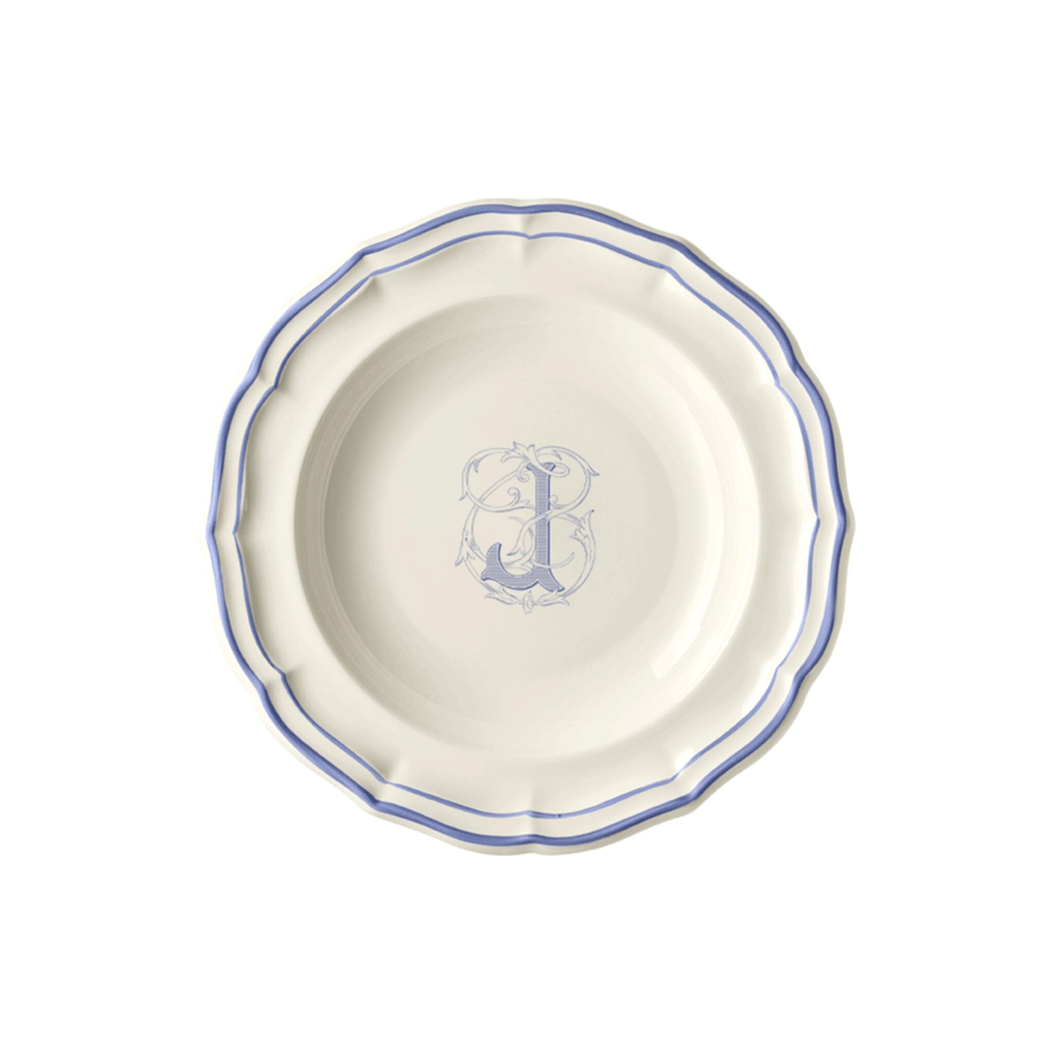 Gien Set of 6 Rim Soups J - Filet Blue Monogram Soup Plates & Rimmed Soup Bowl