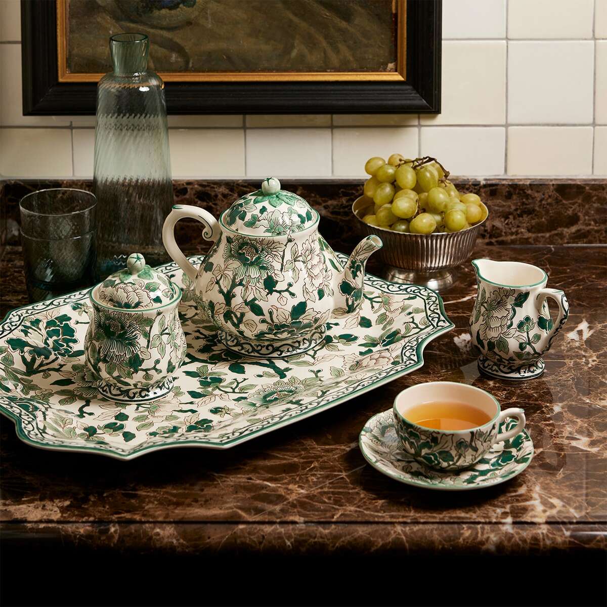 Gien Tea Cup & Saucer - Pivoines Vertes Cup & Saucer Set, lifestyle view