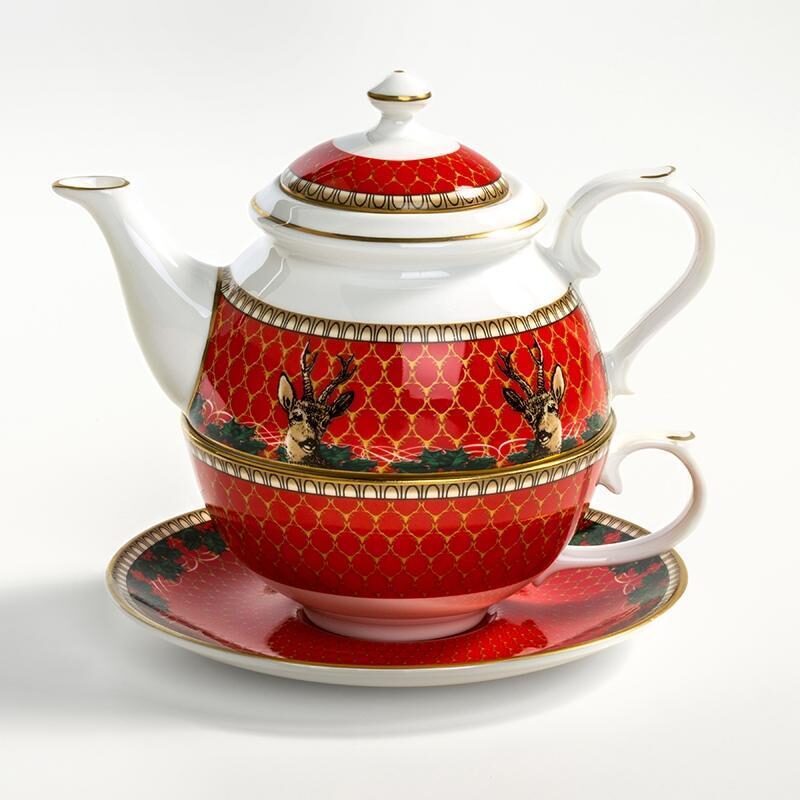 Halcyon Days Antler Trellis & Stag Red Tea For One Tea Set
