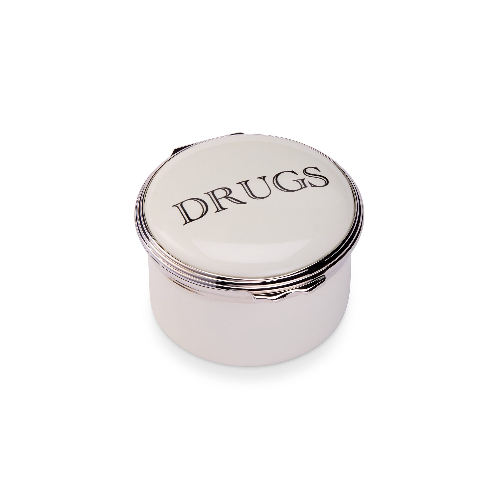 Halcyon Days D.R. Harris Round "Drugs" Enamel Box in Apothecary White