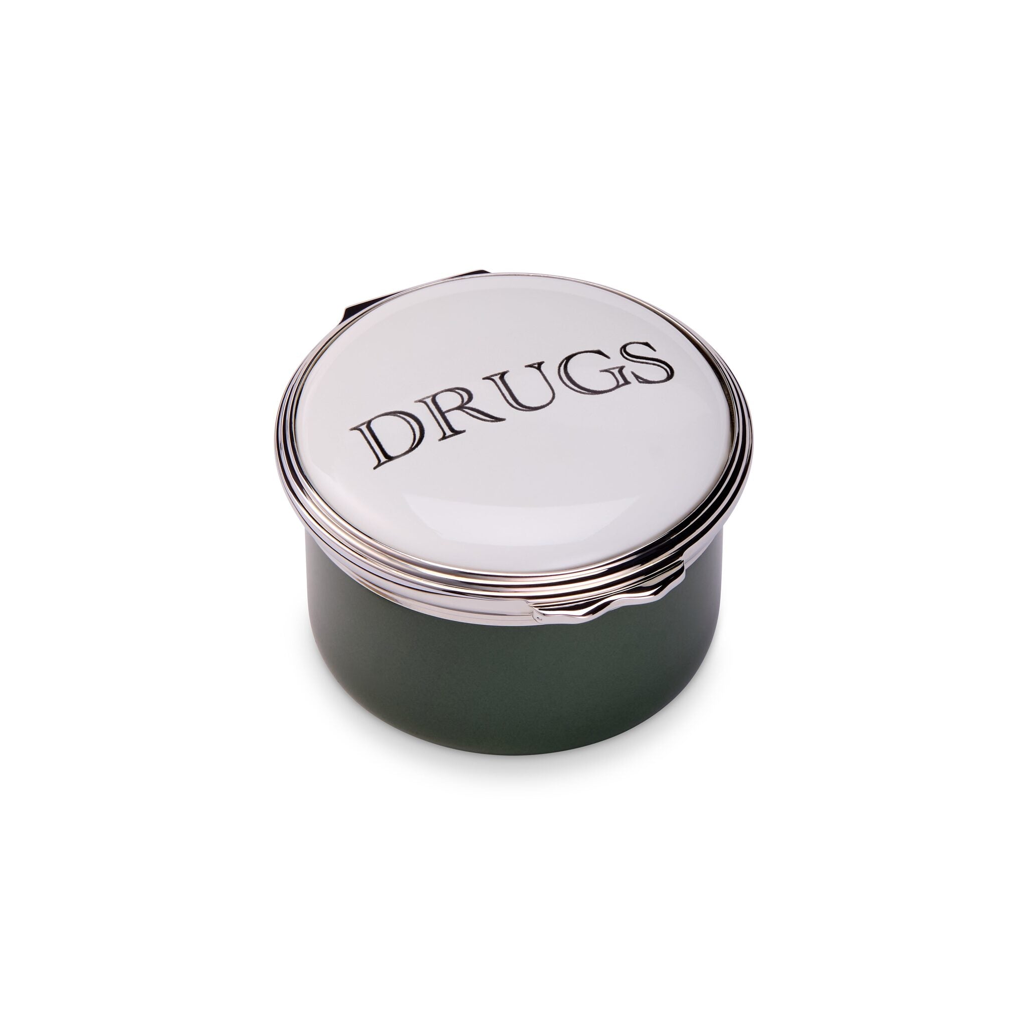 Halcyon Days D.R. Harris Round "Drugs" Enamel Box in Balmoral Green