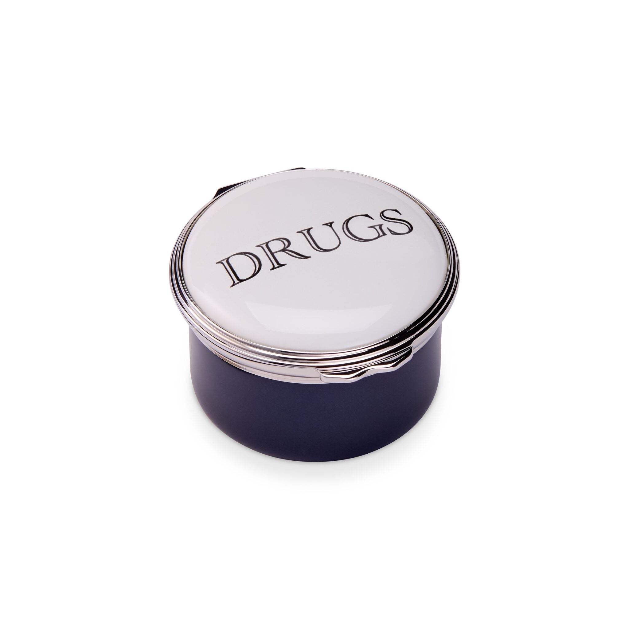Halcyon Days D.R. Harris Round "Drugs" Enamel Box in King's Blue