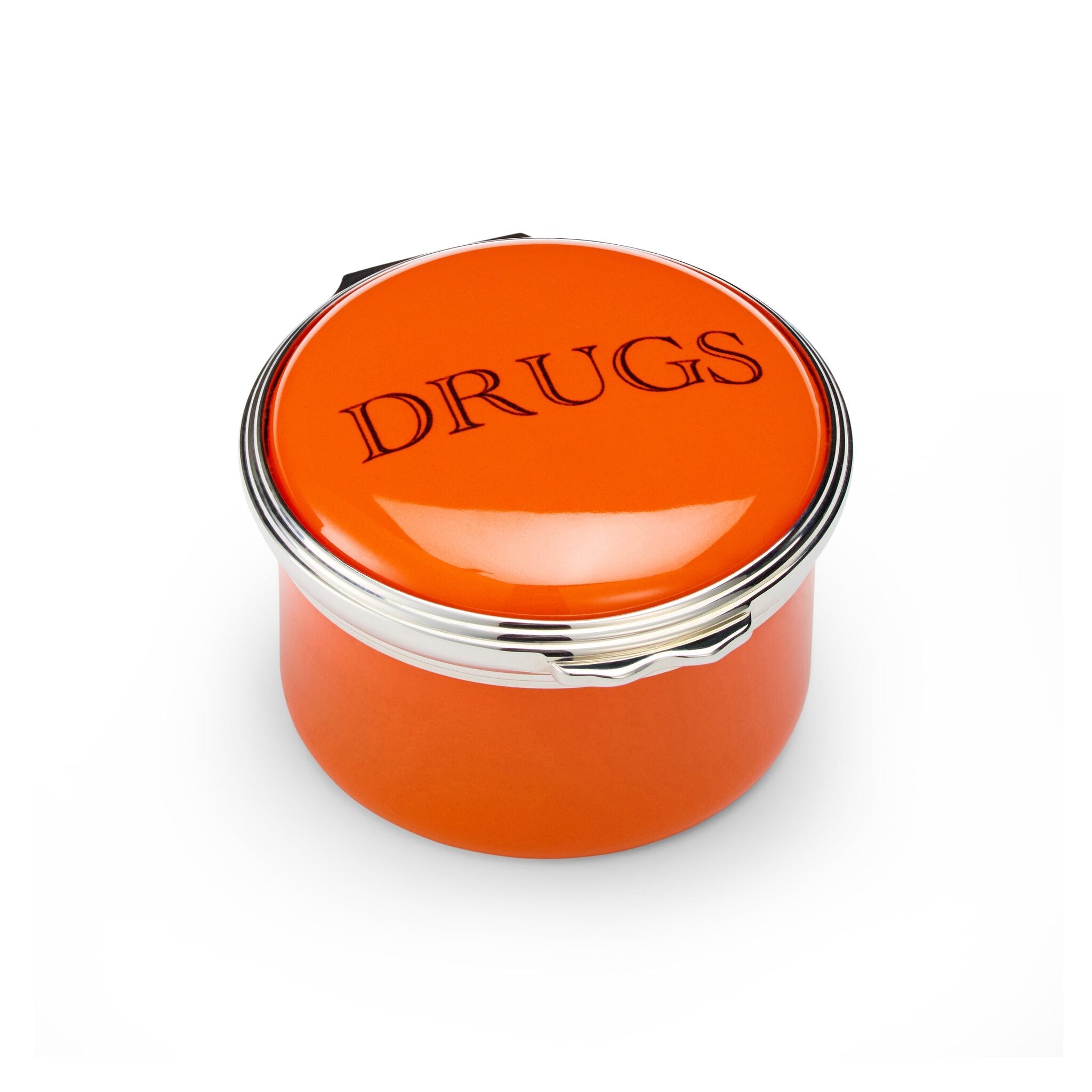 Halcyon Days D.R. Harris Round "Drugs" Enamel Box in Marmalade Orange