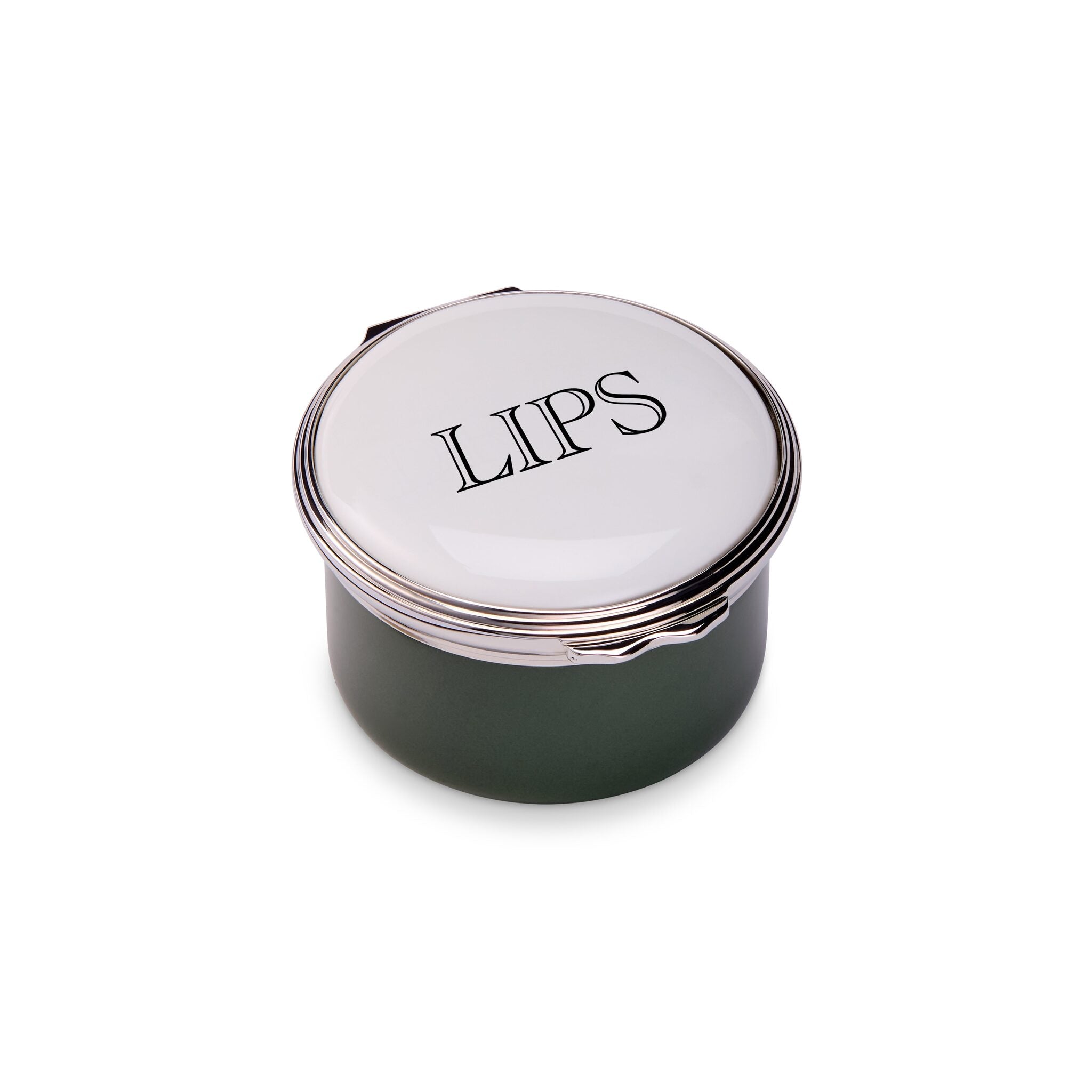 Halcyon Days D.R. Harris Round "Lips" Enamel Box in Balmoral Green
