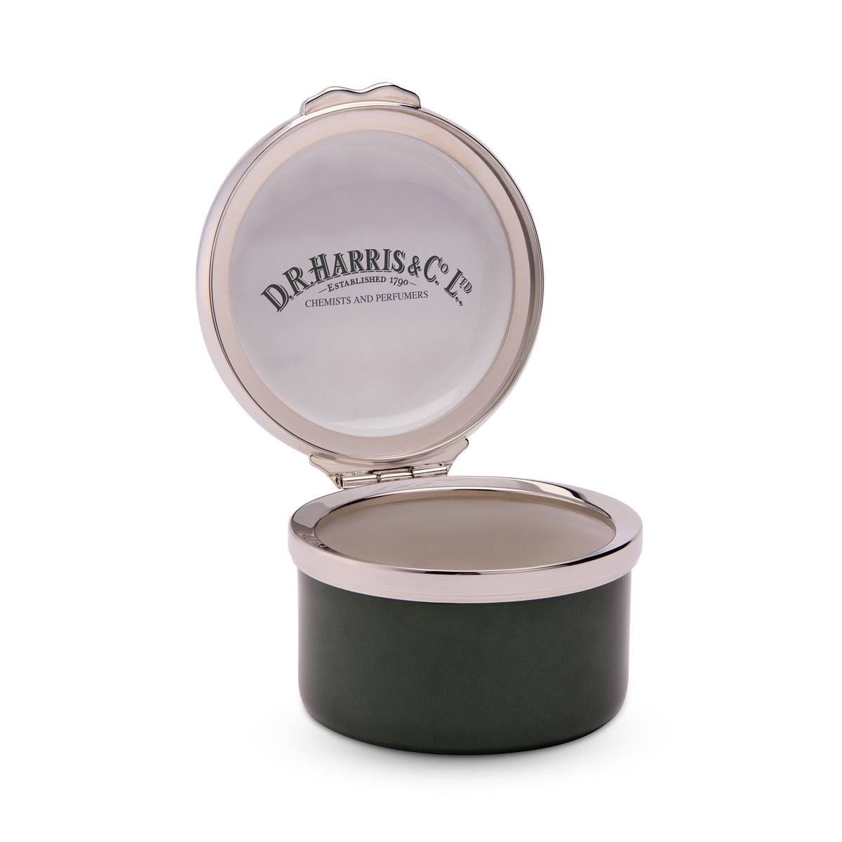 Halcyon Days D.R. Harris Round "Lips" Enamel Box in Balmoral Green, alternate view