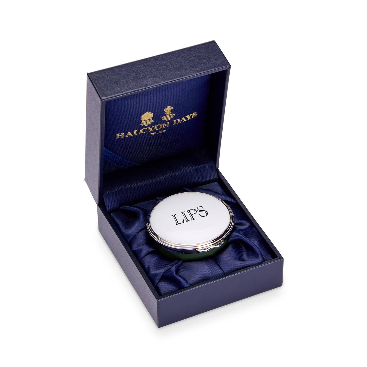 Halcyon Days D.R. Harris Round "Lips" Enamel Box in Balmoral Green, alternate view