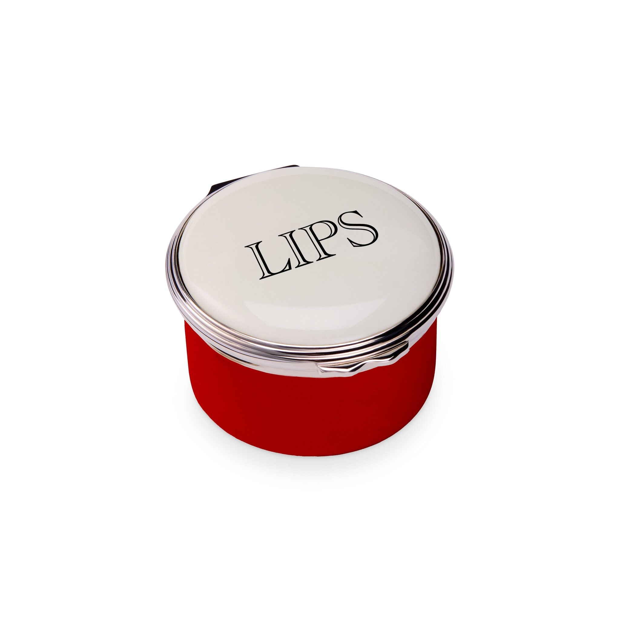 Halcyon Days D.R. Harris Round "Lips" Enamel Box in Pillar Box Red