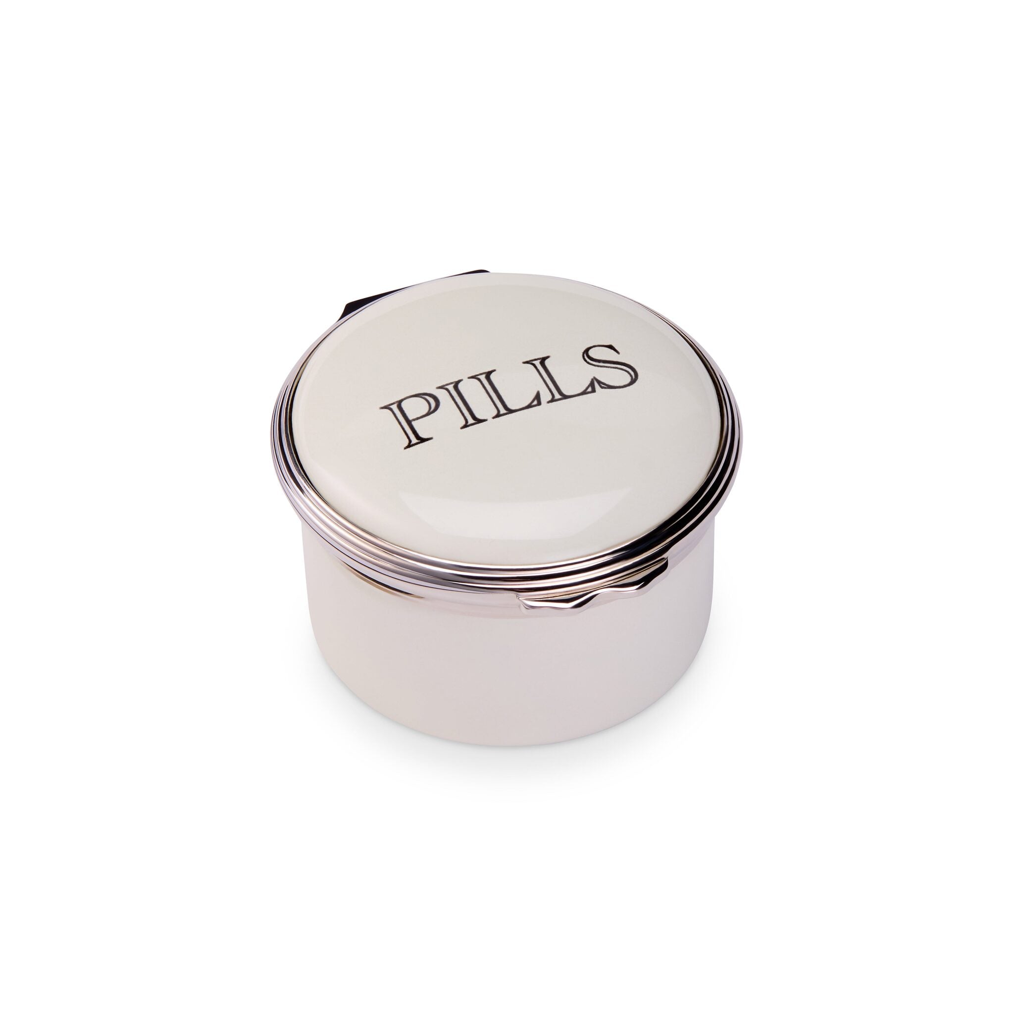 Halcyon Days D.R. Harris Round "Pills" Enamel Box in Apothecary White